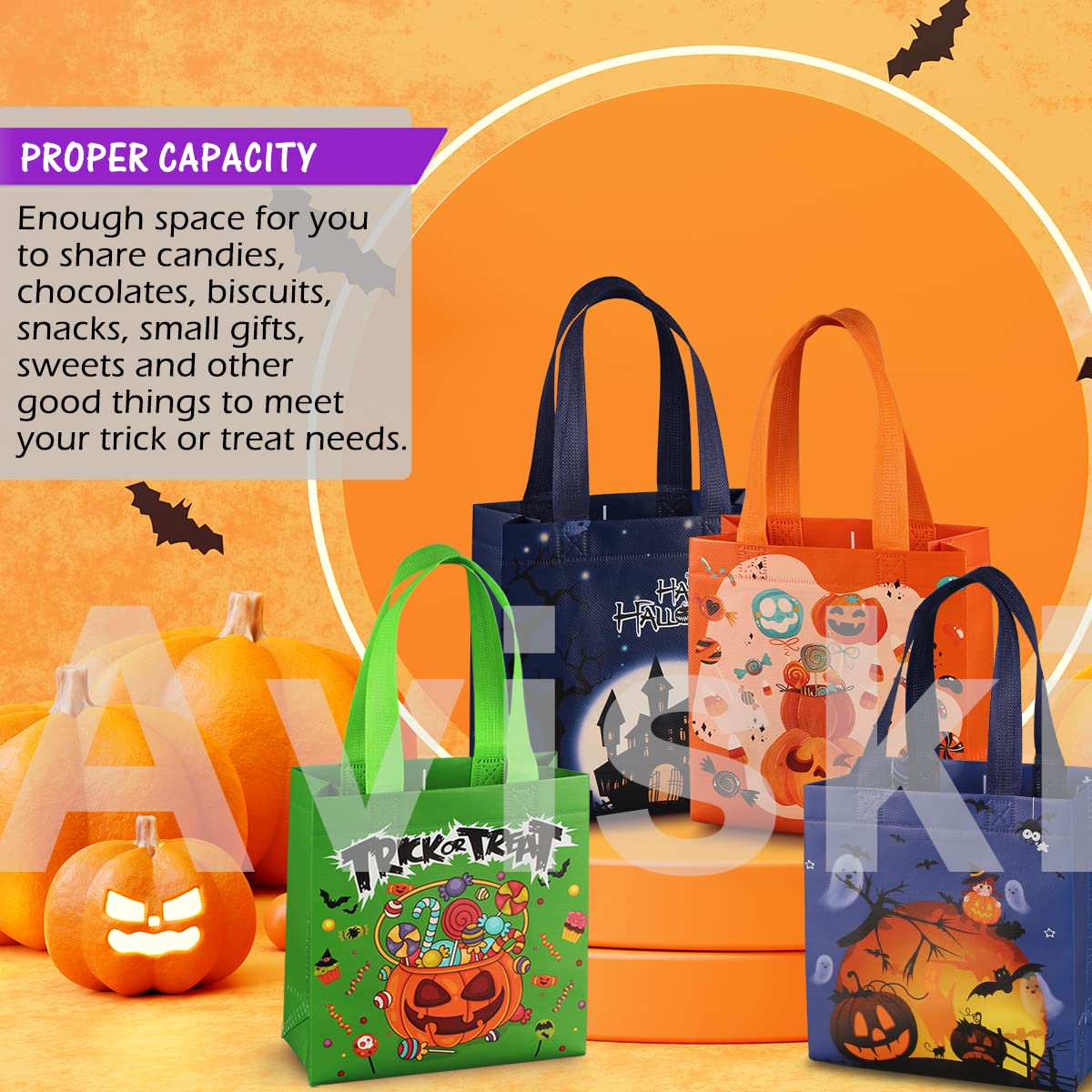 Aviski 8PCS Halloween Trick or Treat Bags  Small Halloween Tote Bags with Handles  Gift Bags  Multifunctional Non-Woven Halloween Bags for Gifts Wrapping  Trick or Treat  Halloween Party Supplies