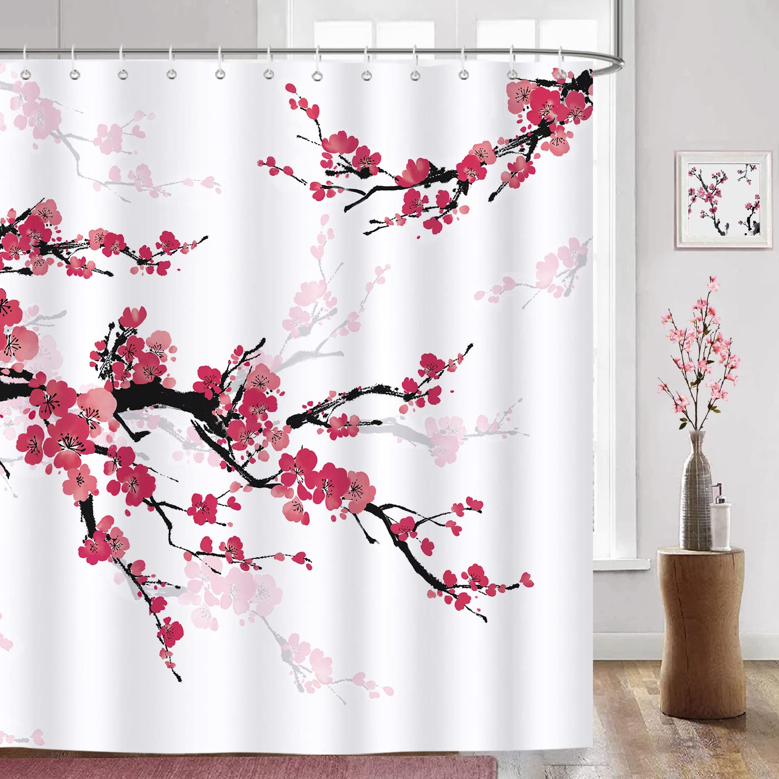 Bonhause Cherry Blossom Shower Curtain Red Plum Floral Japanese Decorative Bath Curtain 72 X 72 Inch Polyester Fabric Waterproof