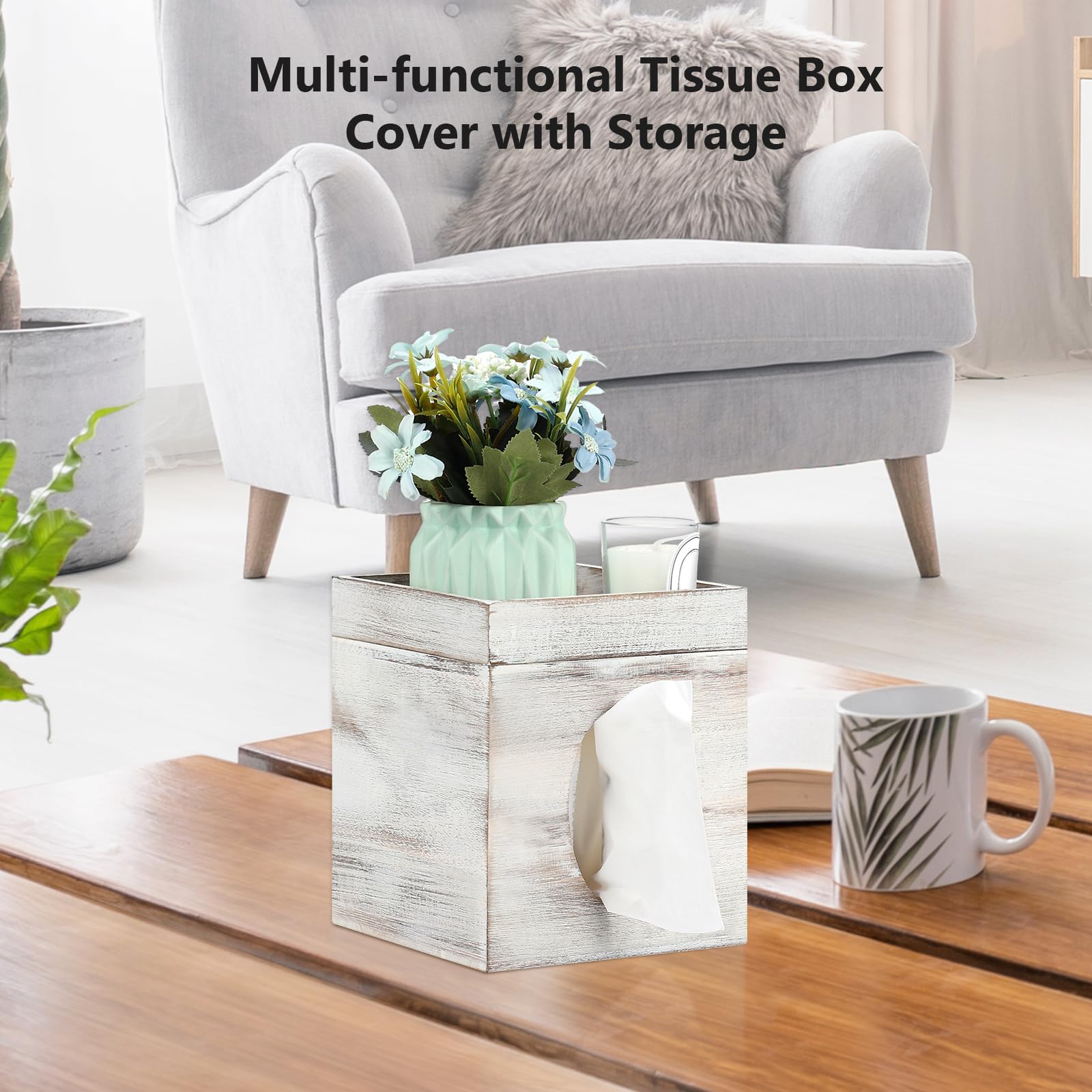 Tissue Box Cover, White Washed Solid Tissue Box Cover With Storage Tray Square Tissue Box Covers Holder For Bathroom, Bedroom, D