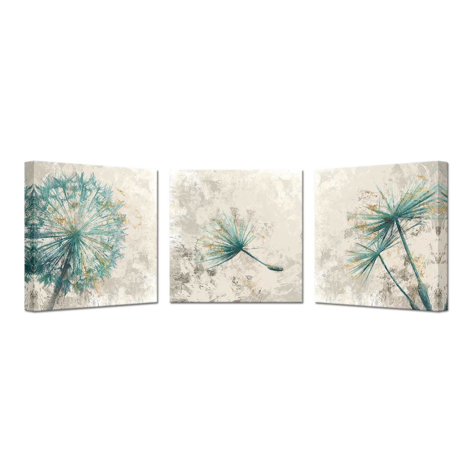 3 Pieces Teal Dandelion Canvas Wall Art Abstract Neutral Green Blowing Flower On Rustic Wood Background Framed Artwork For Bedro