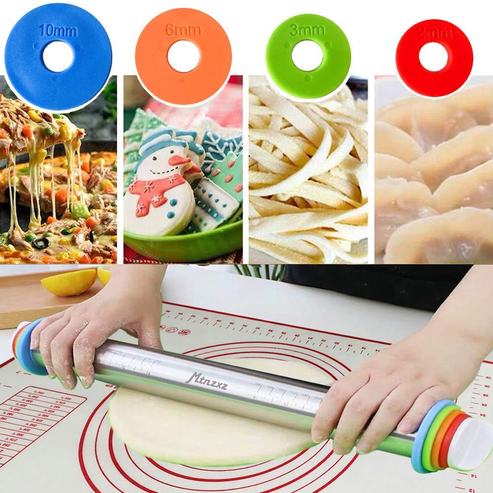 Rolling Pin And Silicone Baking Pastry Mat Set, Stainless Steel Dough Roller With Adjustable Thickness Rings, For Pizza, Pie, Pa
