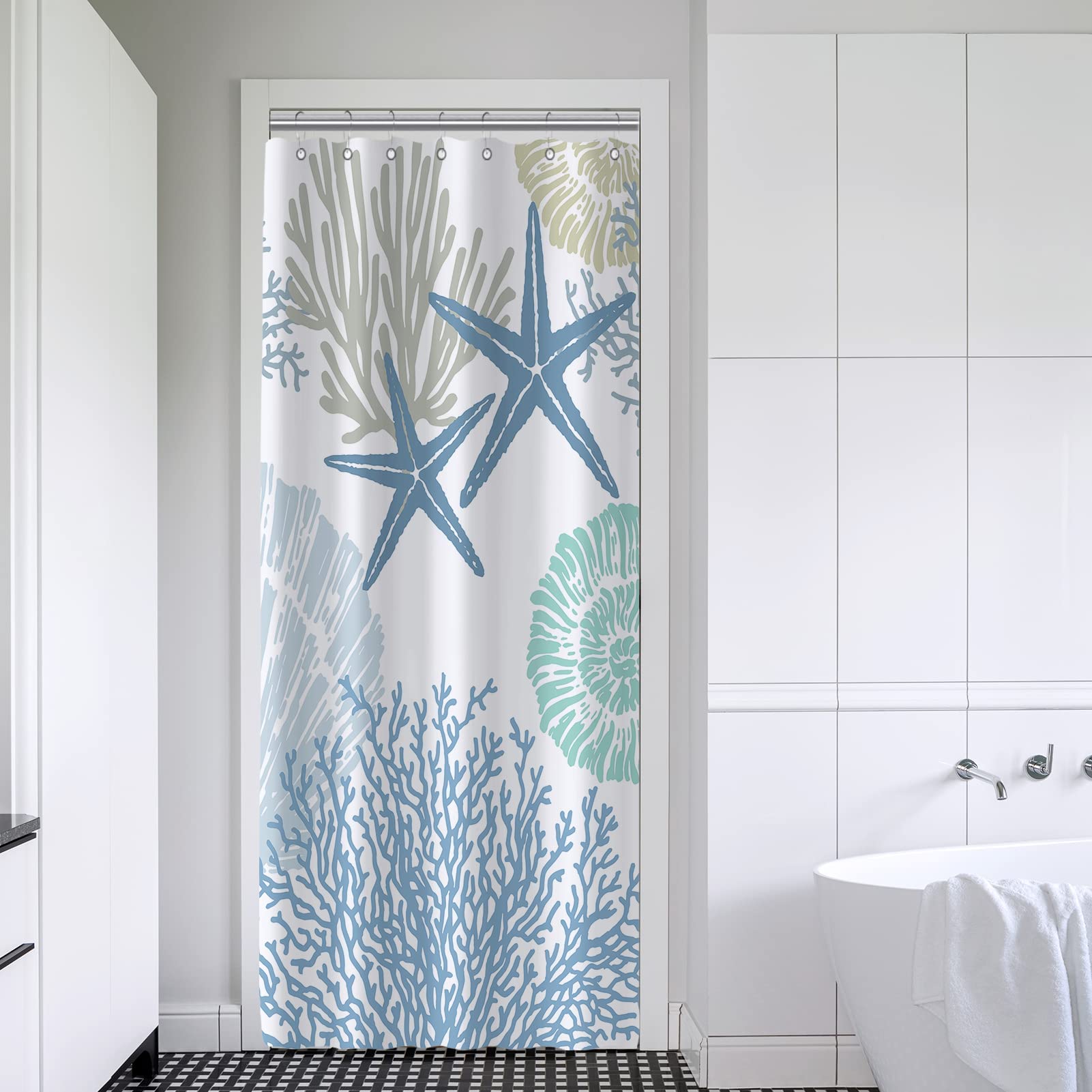 Tritard Stall Shower Curtain 36 x 72 - Small Nautical Coastal Waterproof Fabric Shower Curtains for Bathroom  Decorative Starfish Seashell Beach Themed Bath Curtain with 7 Hooks  Blue