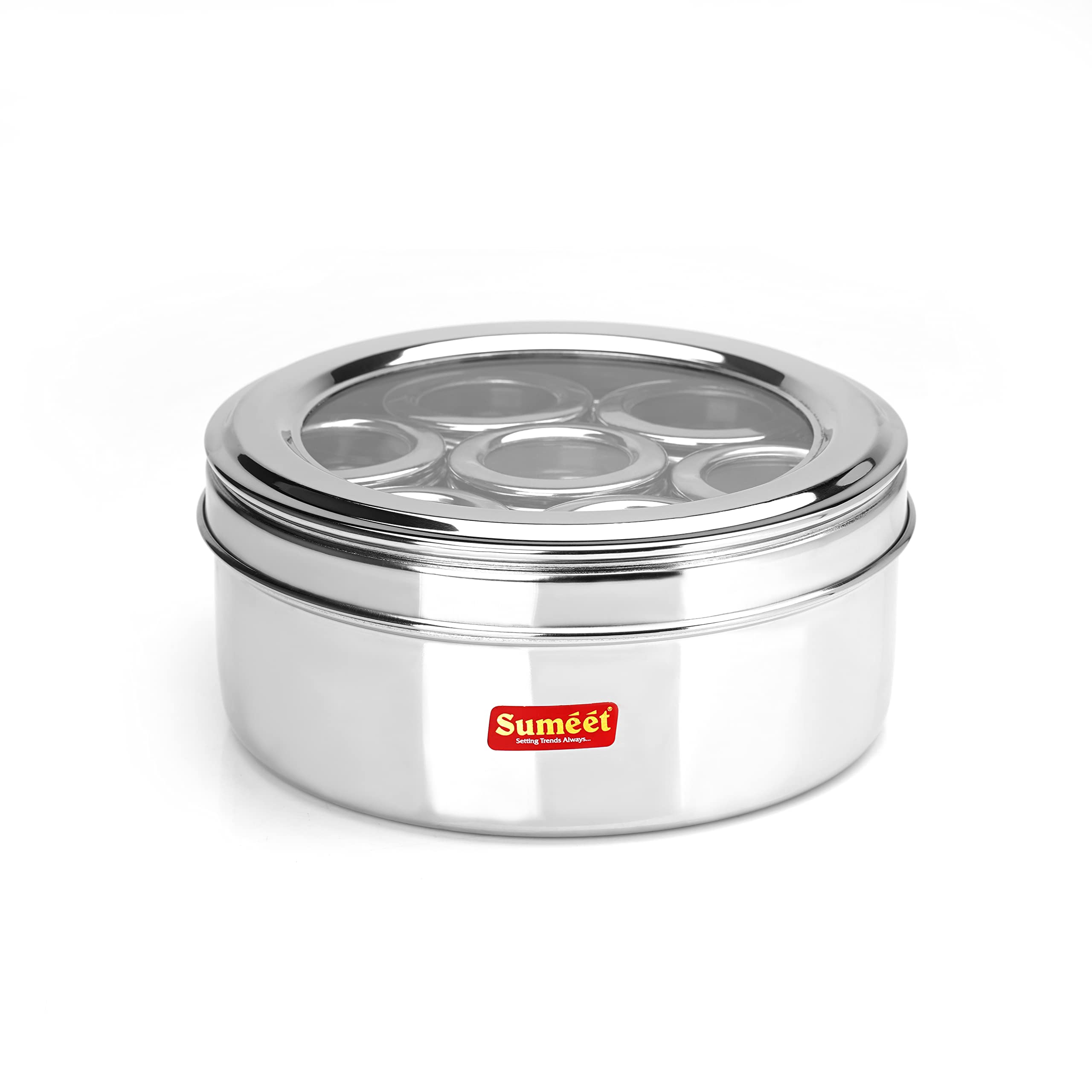 Sumeet 7 In 1 Stainless Steel Airtight Multi Masala Box/Organiser With See Through Lid, 7 Containers With Lid & 2 Spoon (19 Cms)