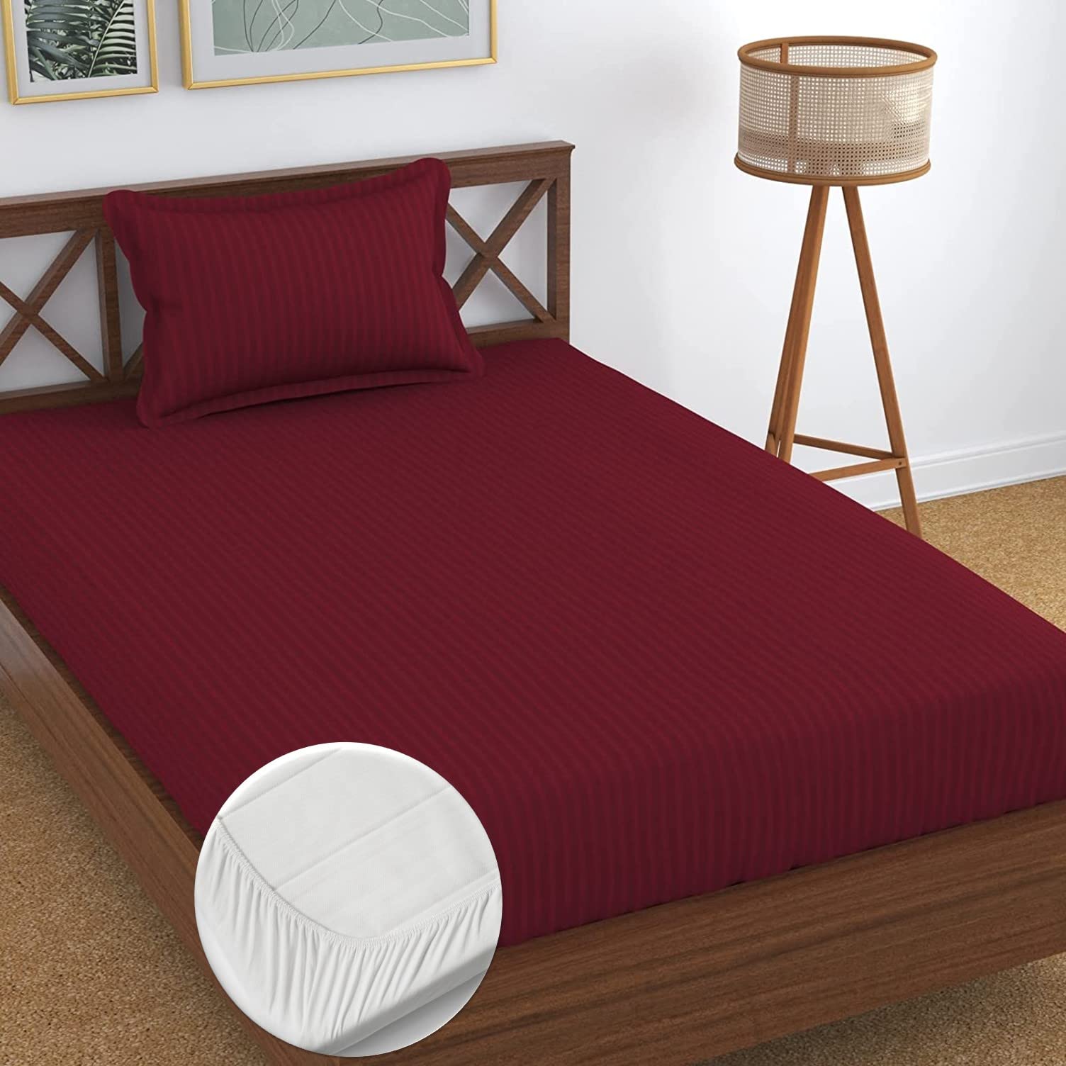 NHD HOME 100% Cotton Solid/Stripes 220 TC Elasticated Single Fitted Bedsheets with 1 Pillow Covers | Breathable | Size 72x36 In