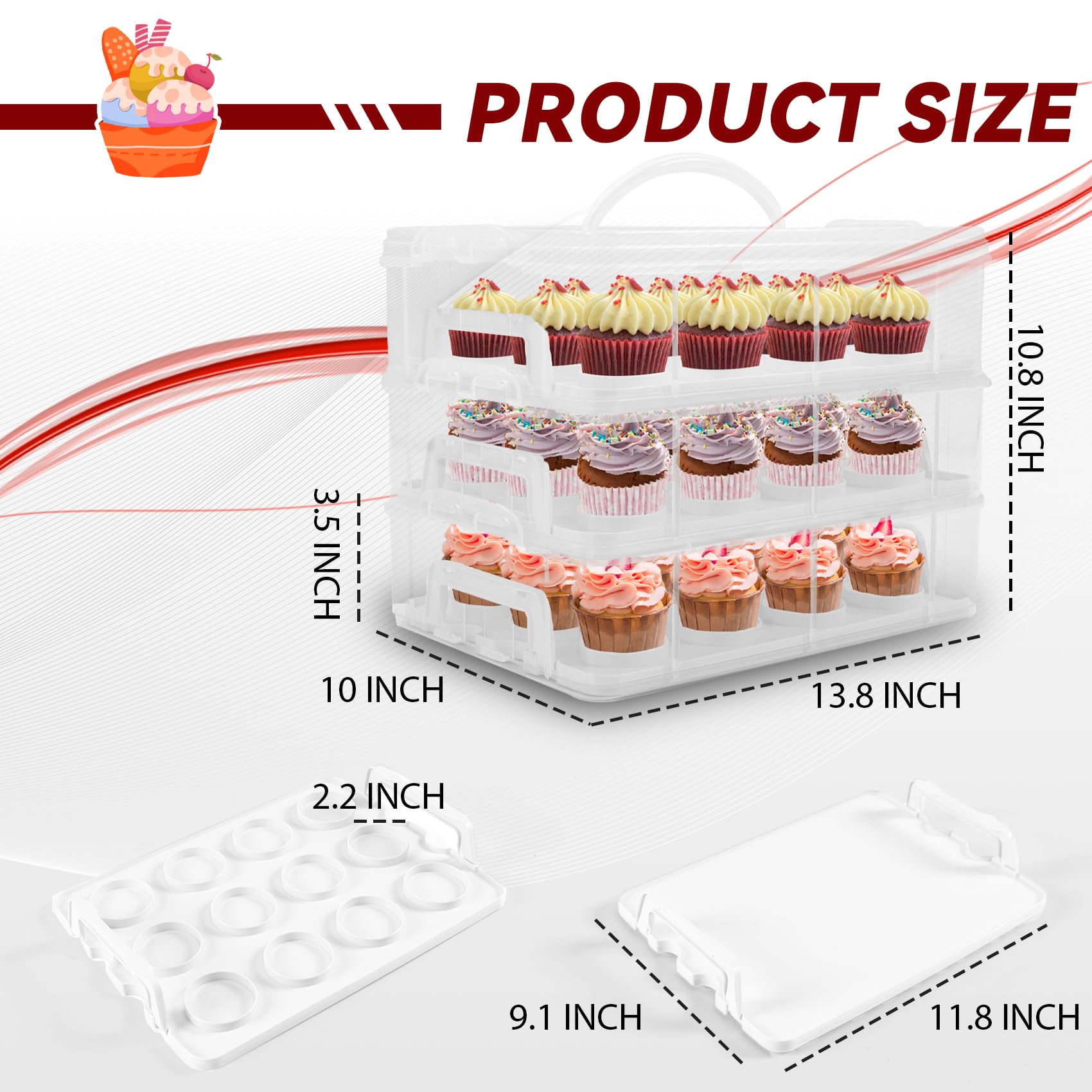 Lepump Cupcake Carrier, 3-Tiers Cupcake Containers, Holds 36 Cupcakes Or 3 Large Cakes, Cupcake Holder, Cupcake Box With Lid And