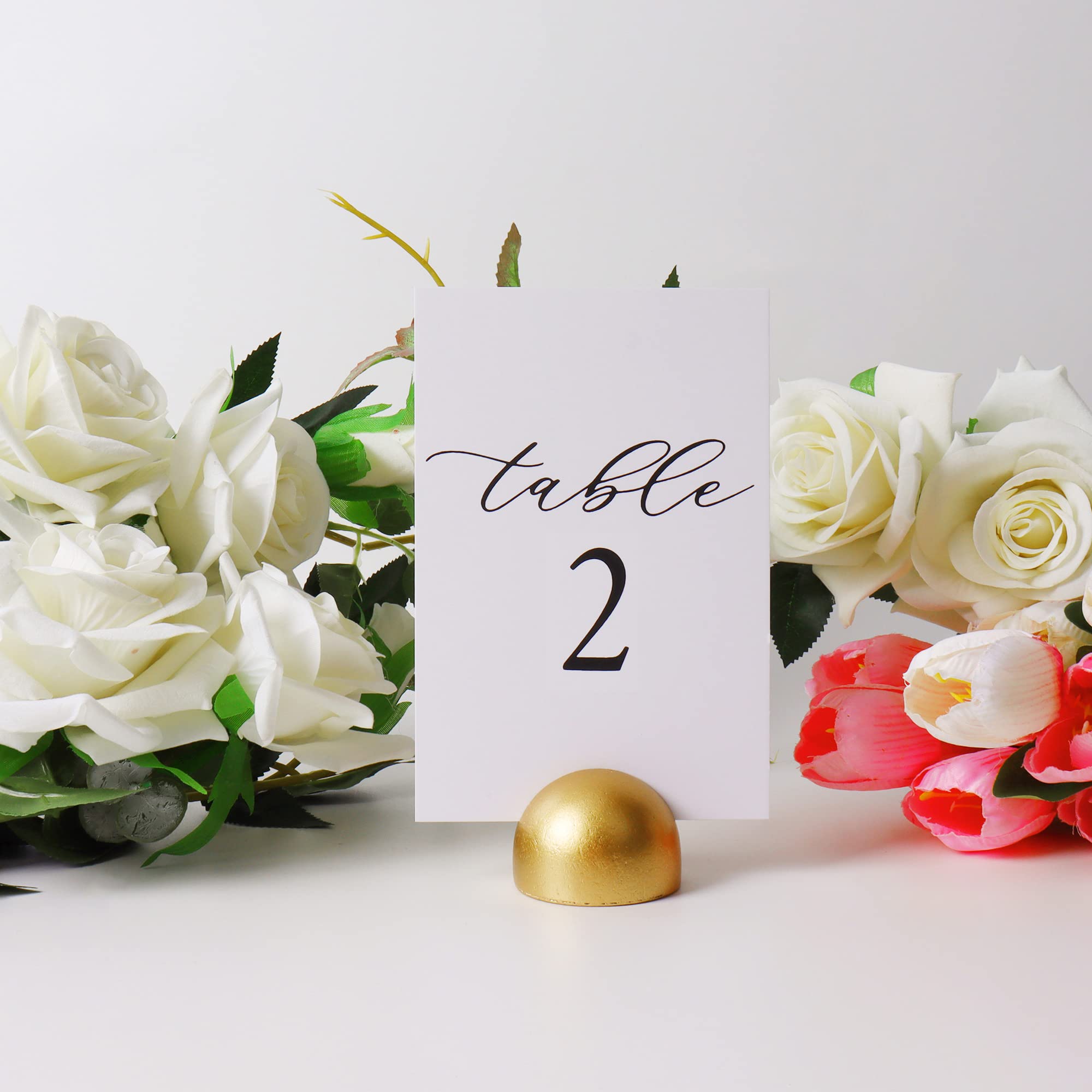 Hanna Roberts Modern Cursive Table Number Card Stock Signs With Round Stand For Wedding Reception, Restaurant, Event Party, 4''