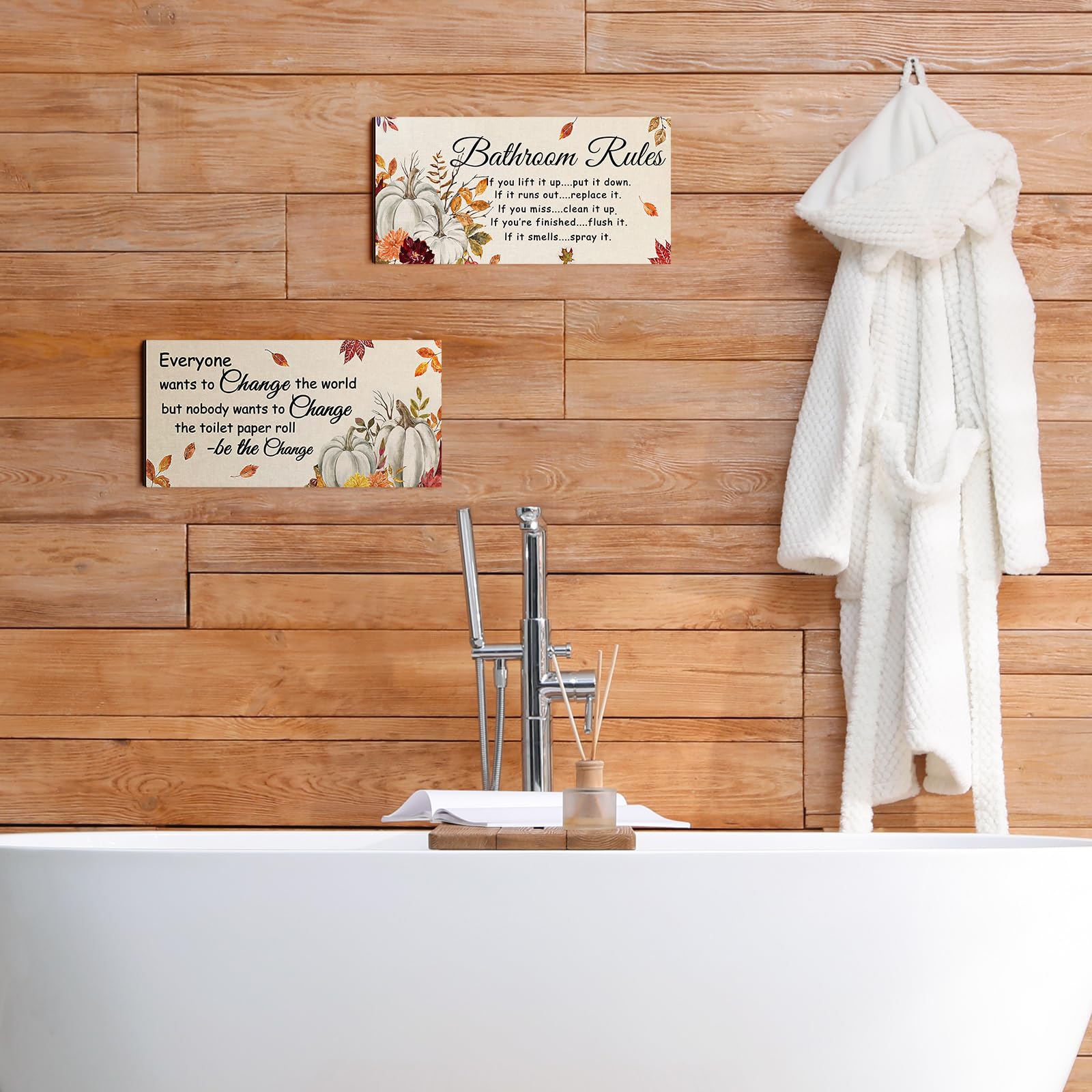 Jetec 2 Pieces Funny Bathroom Signs Bathroom Wall Decor Toilet Wall Accessories Farmhouse Toilet Rustic Wooden Signs (Fall Style