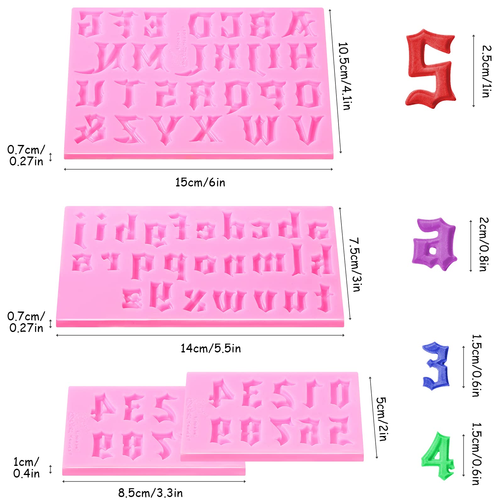 4 Packs Gothic Letters Molds And Numbers Molds Silicon Number 0-9 3D Chocolate Fondant Molds For Cake Topper Candy Molds Fondant