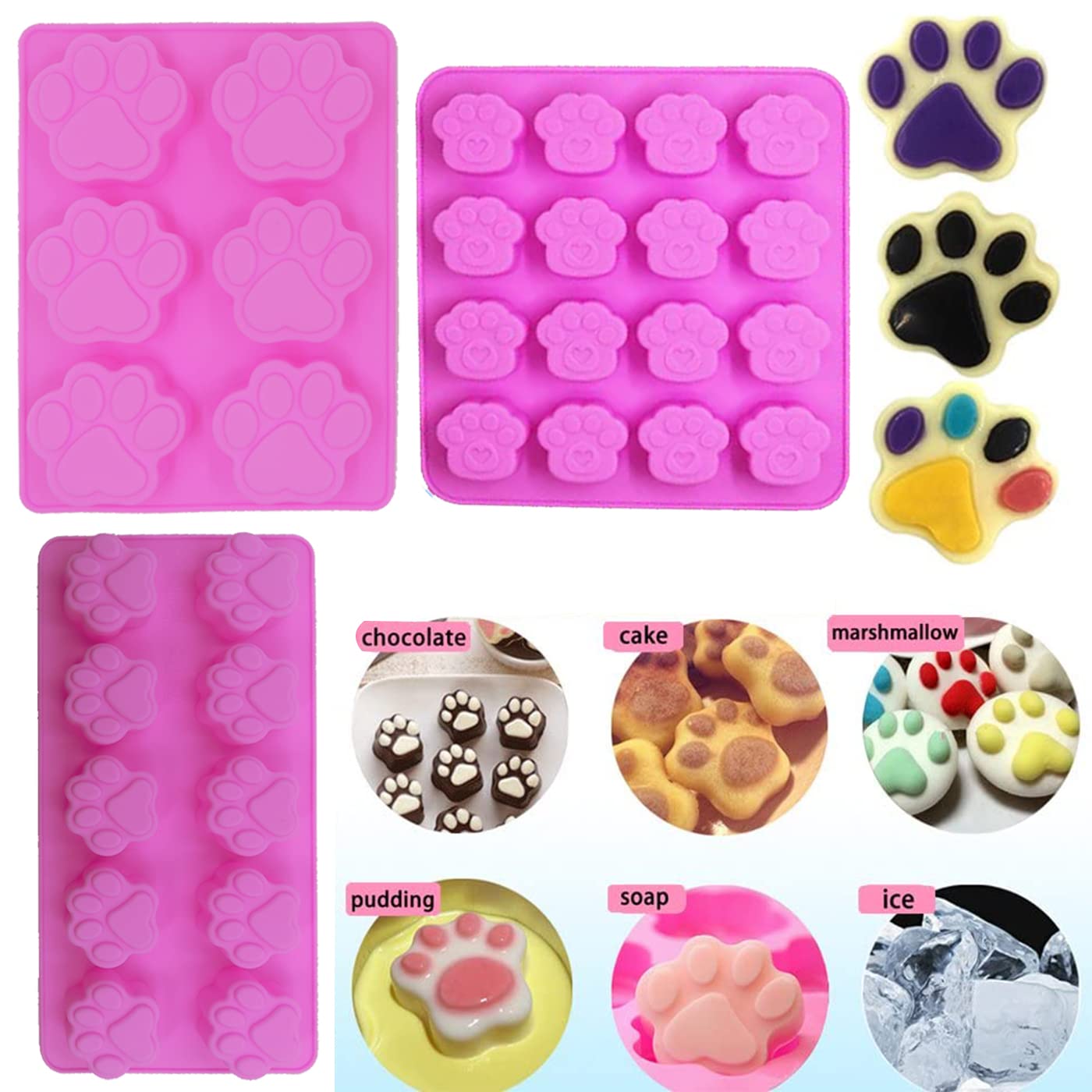 Set Of 6, 3 Packs Silicone Molds Puppy Dog Paw(4 Cavity,10 Cavity,16 Cavity) And 3 Packs Stainless Steel Bone Cookie Cutter,For