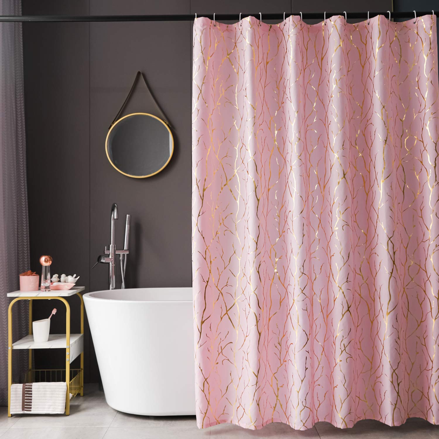 Finecity Tree Fabric Shower Curtain - Metallic Gold Foil Branch Pattern Print Pink Shower Curtain 72 Inch Long, Grommet Shower C