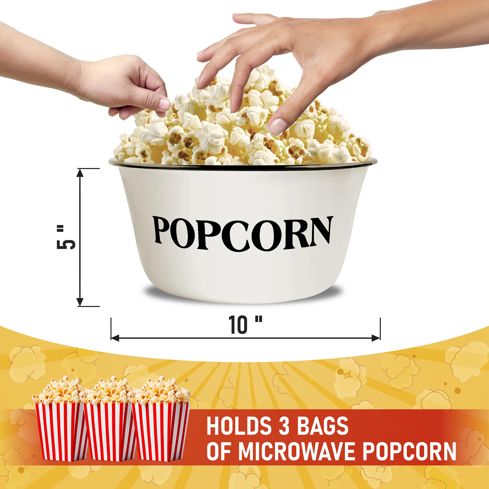 Cwi 3.7-Quart Enamelware Popcorn Bowl - Round White Dish With Black Touches For Cinema Nights And Camping - Classic White With B