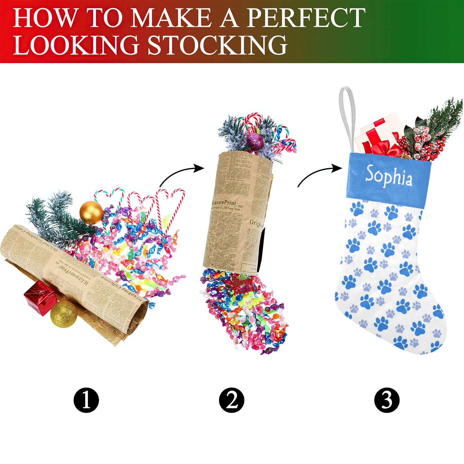 Personalized Name Dog Paw Print Blue Christmas Stockings Text Custom Xmas Holiday Pup Dog Gift Decor 17.52 x 7.87 Inch