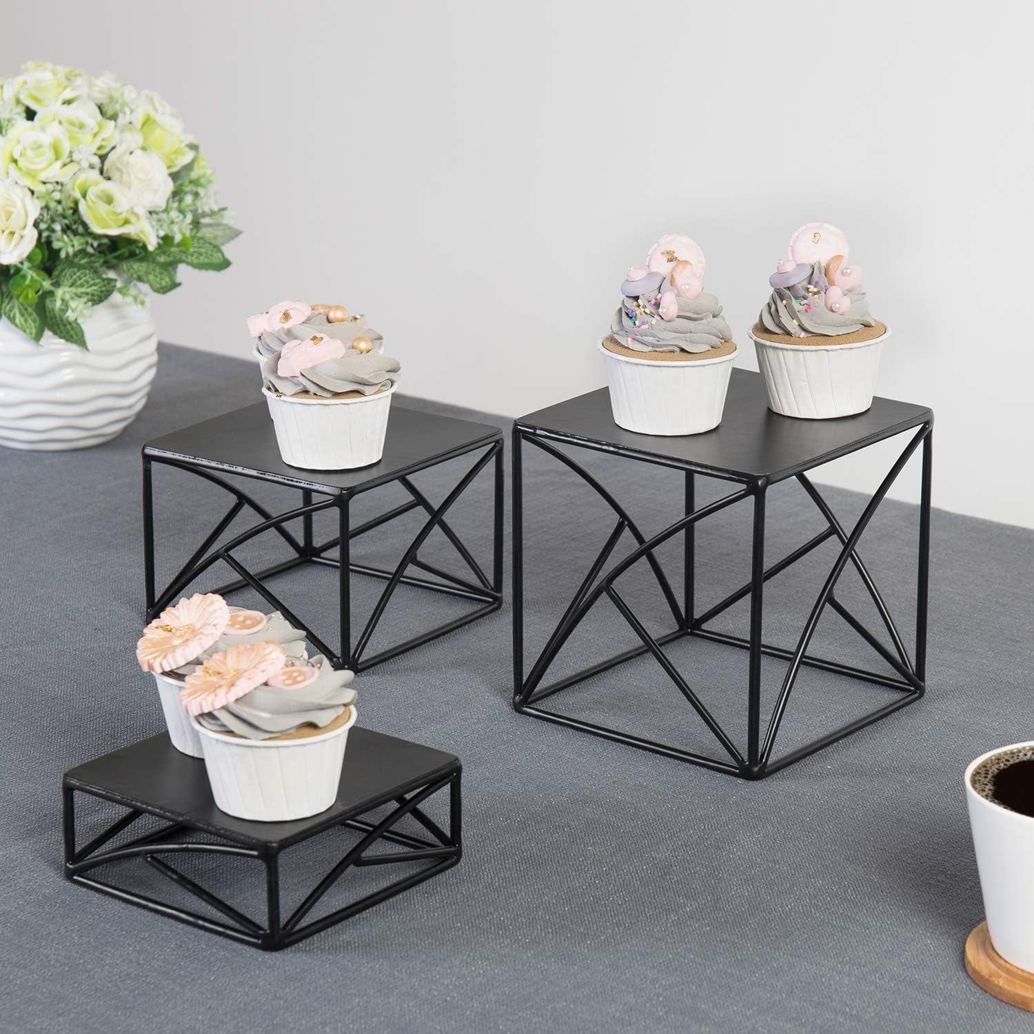 Mygift 6 Inch Square Matte Black Metal Wire Nesting Cupcake Dessert Risers, Art Deco Tabletop Pizza Food Serving Stands For Home