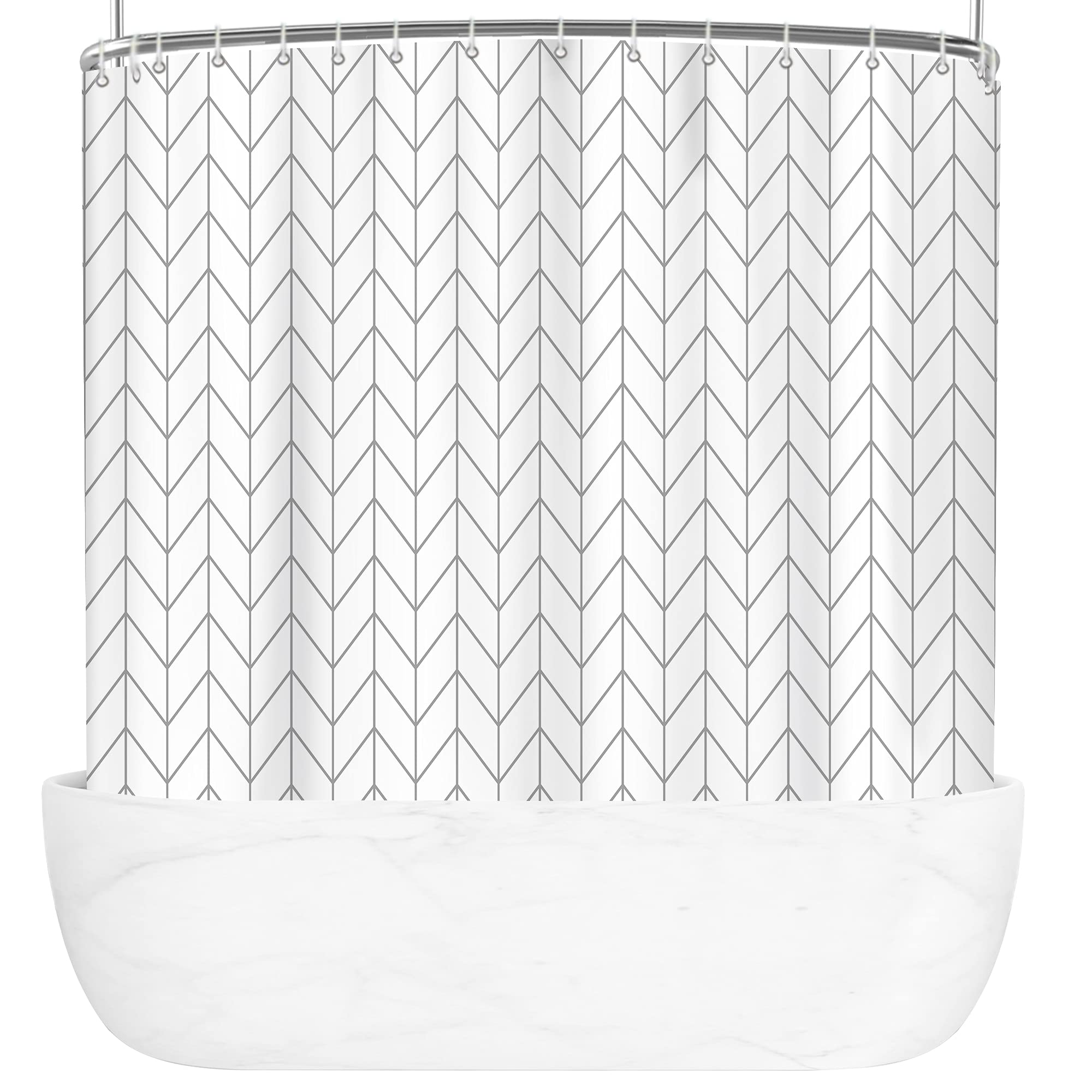 Riyidecor Clawfoot Tub Chevron Shower Curtain 180x70 Inch Bathtub All Around Wrap Around White Grey Gray Herringbone Round Freestanding Surround Oval Polyester Fabric Extra Wide with 32 Metal Hooks