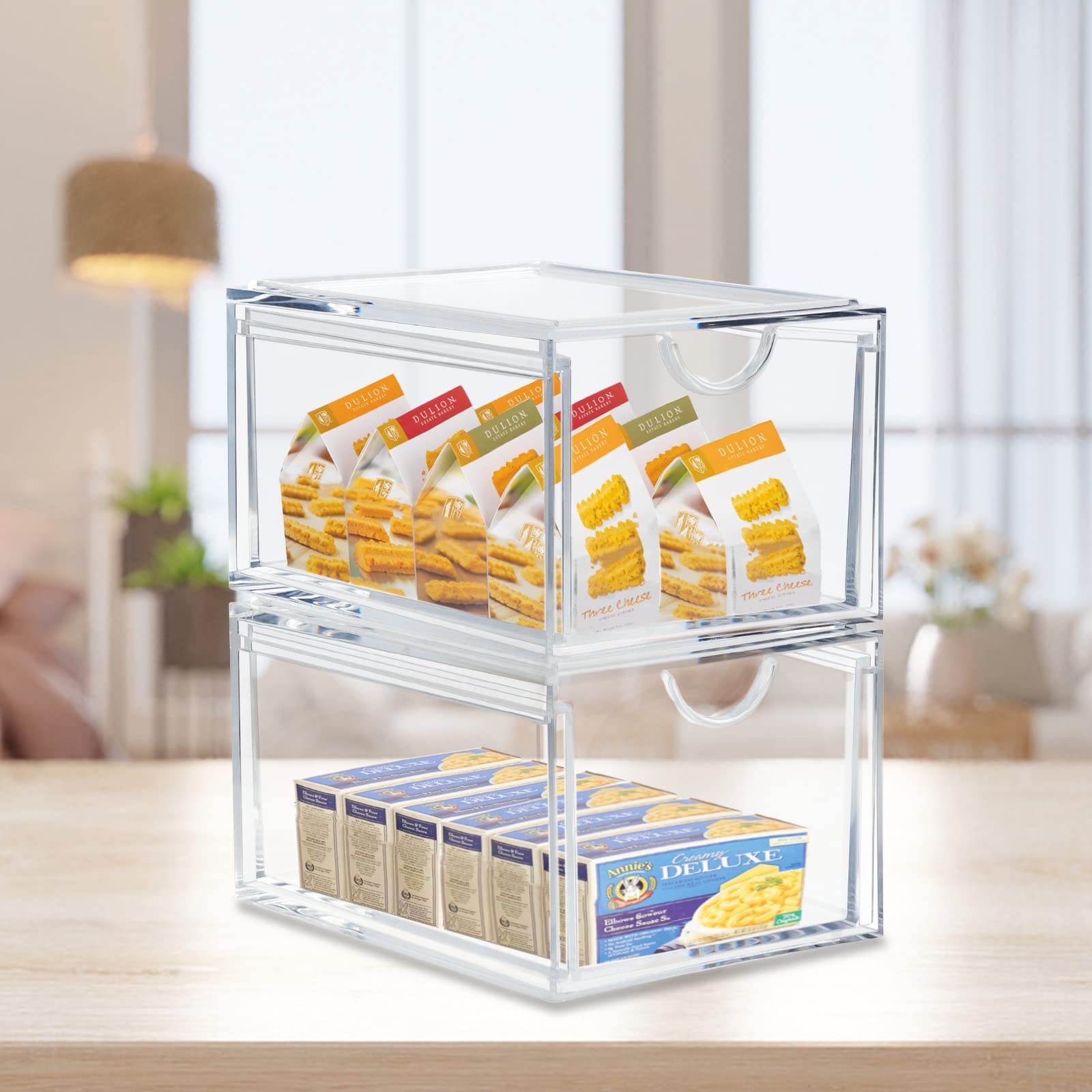 Cecolic 2 Pack Stackable Cosmetic Organizer Drawers, Clear Acrylic Makeup Storage Organizer Box, Plastic Storage Bins Vanity Con
