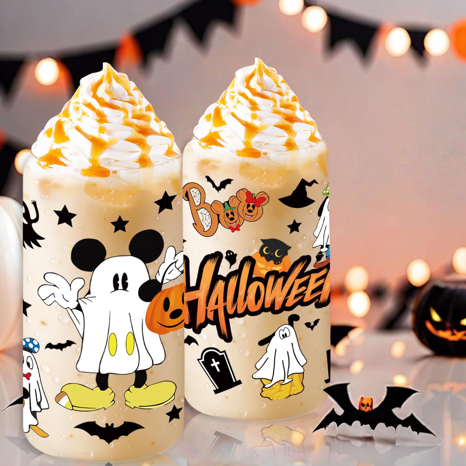 qiyeyeye 16oz Halloween Ghost Glass Cups with Lids and Straws, Cute Mouse and Pumpkin Pattern Design, Iced Coffee Tumblers,Hallo