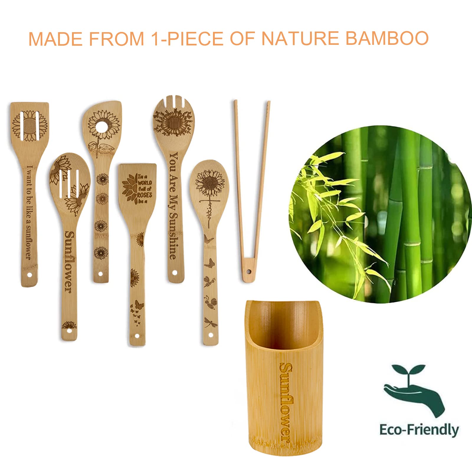 8Pcs Sunflower Wooden Cooking Spoons With Holder,Sunflower Kitchen Decor,Sunflower Gifts,Sunflower Gift For Women,Gifts For Sunf