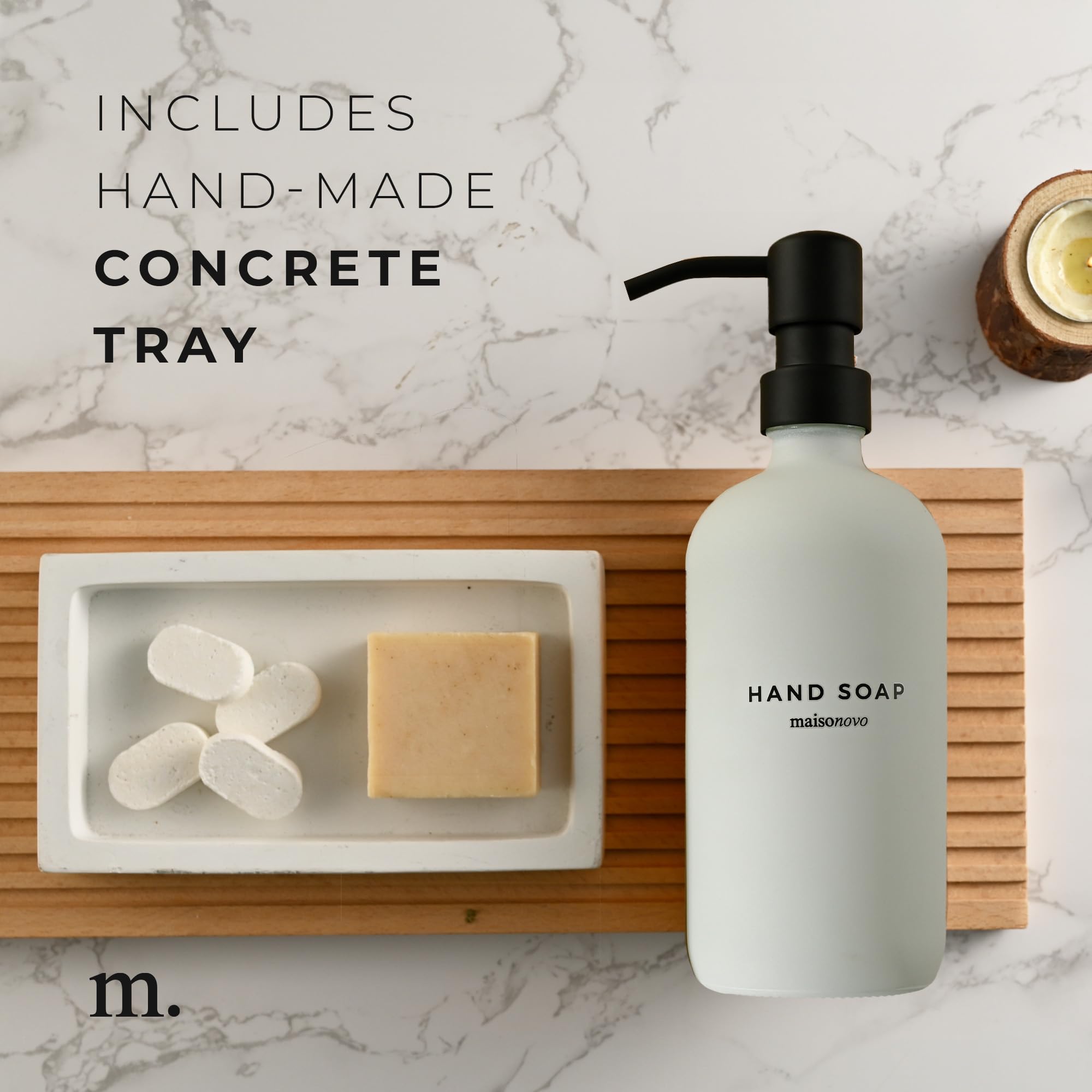 Maisonovo Soap And Lotion Dispenser Set - 16.9 Fl Oz White Hand Soap Dispenser Glass With Black Pump Set Of 2 And Concrete Tray