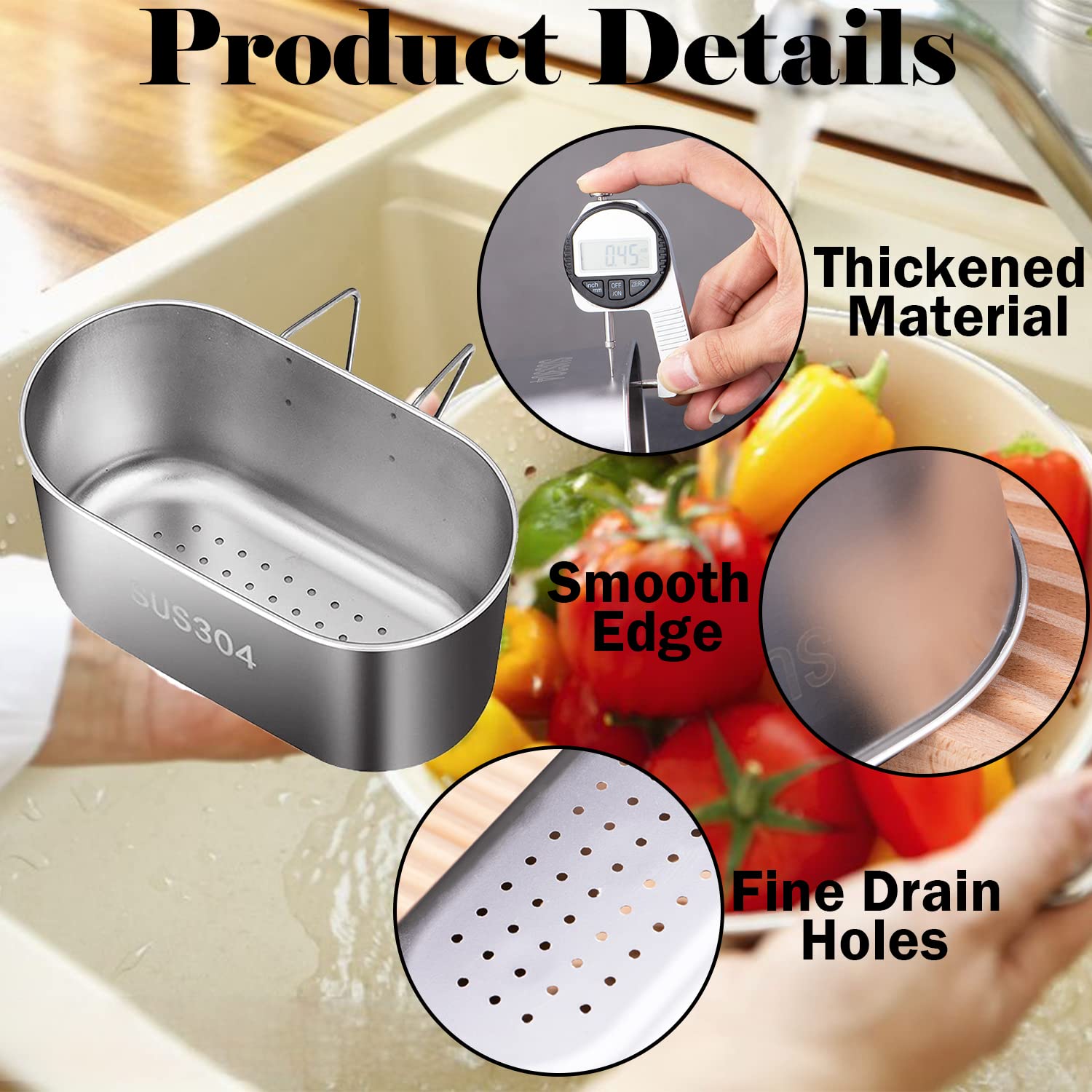 Stainless Steel Sink Drain Strainer Basket, Multifunction Hanging Sink Strainer Colander Drain Basket, Kitchen Sink Food Waste F