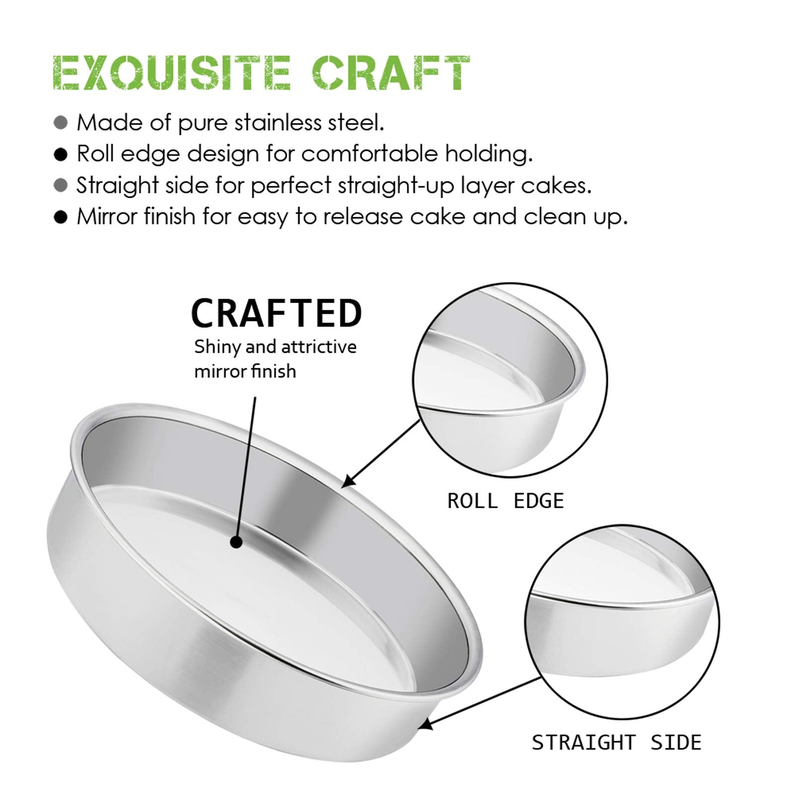 E-Far 8 Inch Cake Pan Set Of 2, Stainless Steel Round Layer Cake Baking Pans, Non-Toxic & Healthy, Mirror Finish & Dishwasher Sa
