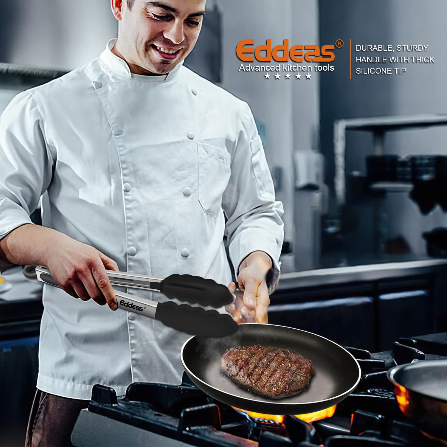 Eddeas Kitchen Tongs Set of 3 - Heat Resistant Silicone Tips, Stainless Steel, 7" 9" 12" - Black Non-Stick Cooking Tongs