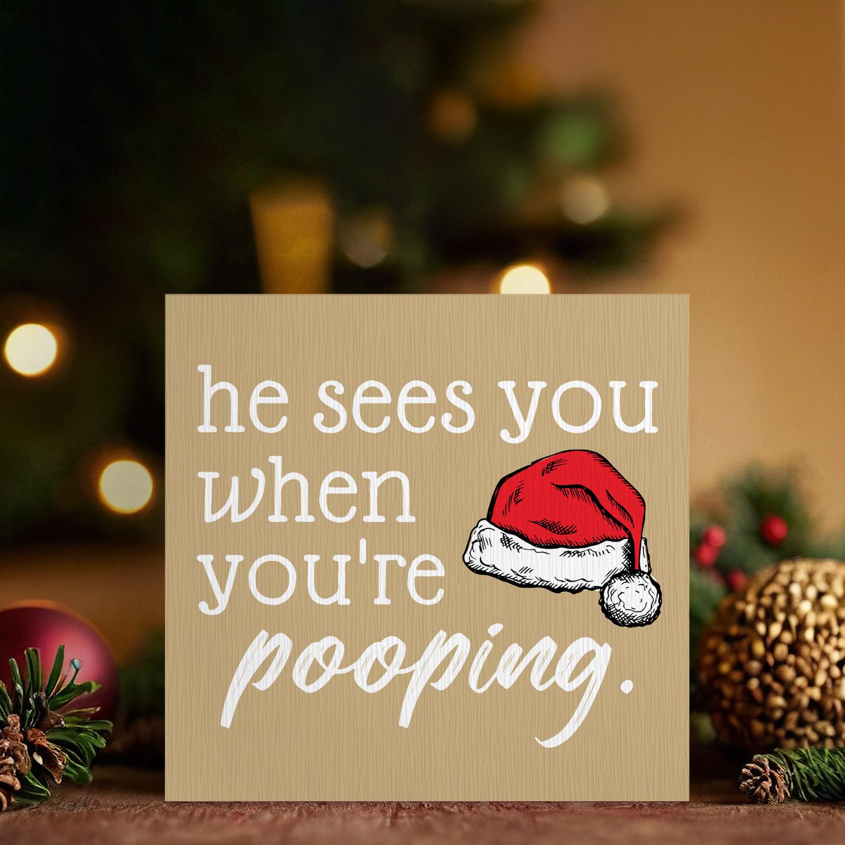ANIANG He Sees You When You're Pooping Sign, Funny Christmas Decorations, Bathroom Christmas Decor, ChristmasSign, ChristmasWood