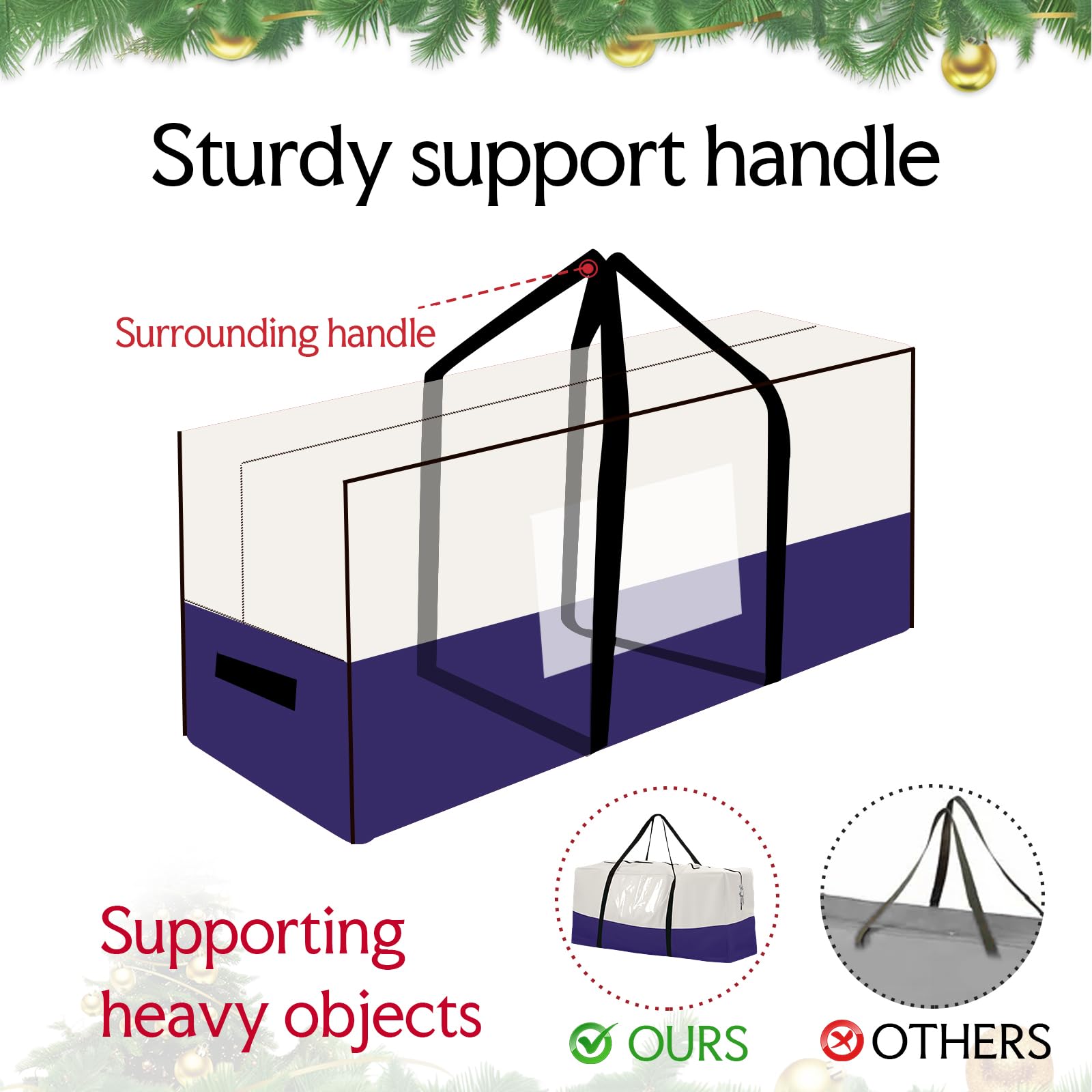 NAVTUE Christmas Tree Bag, Heavy Duty 600D Oxford, Fits Up to 10 FT Trees, Dampproof with Dual Zipper, White & Blue
