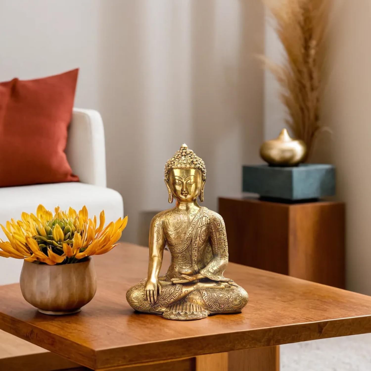 Kartique Brass Buddha for Home Decor in Gold Color Height 12 Inch