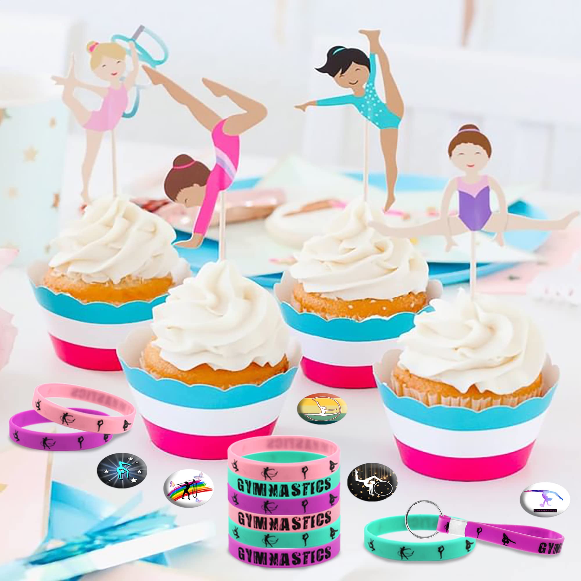 Banballon 98 Gymnastics Party Favors, Gymnastics Keychain Goodie Bags With Rubber Bracelets, Button Pins, Bags And Stickers For