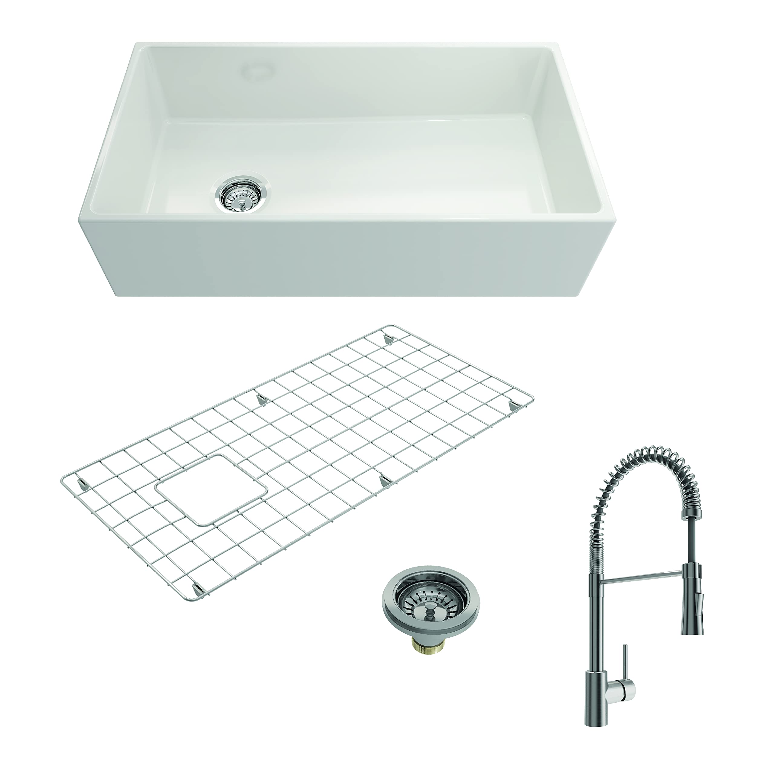Bocchi Contempo Apron Front Fireclay 36 In. Single Bowl Kitchen Sink In White With Stainless Steel Faucet