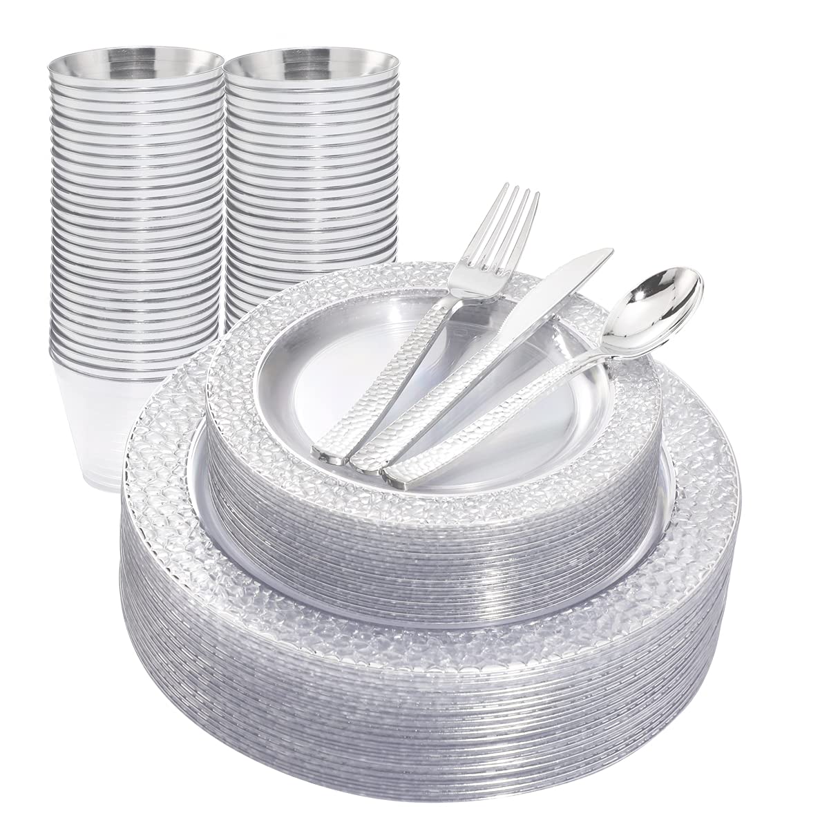Ciaell 150Pcs Clear Silver Plastic Plates - Silver Disposable Plates Include 25Dinner Plates, 25Dessert Plates, 25Forks, 25Knive
