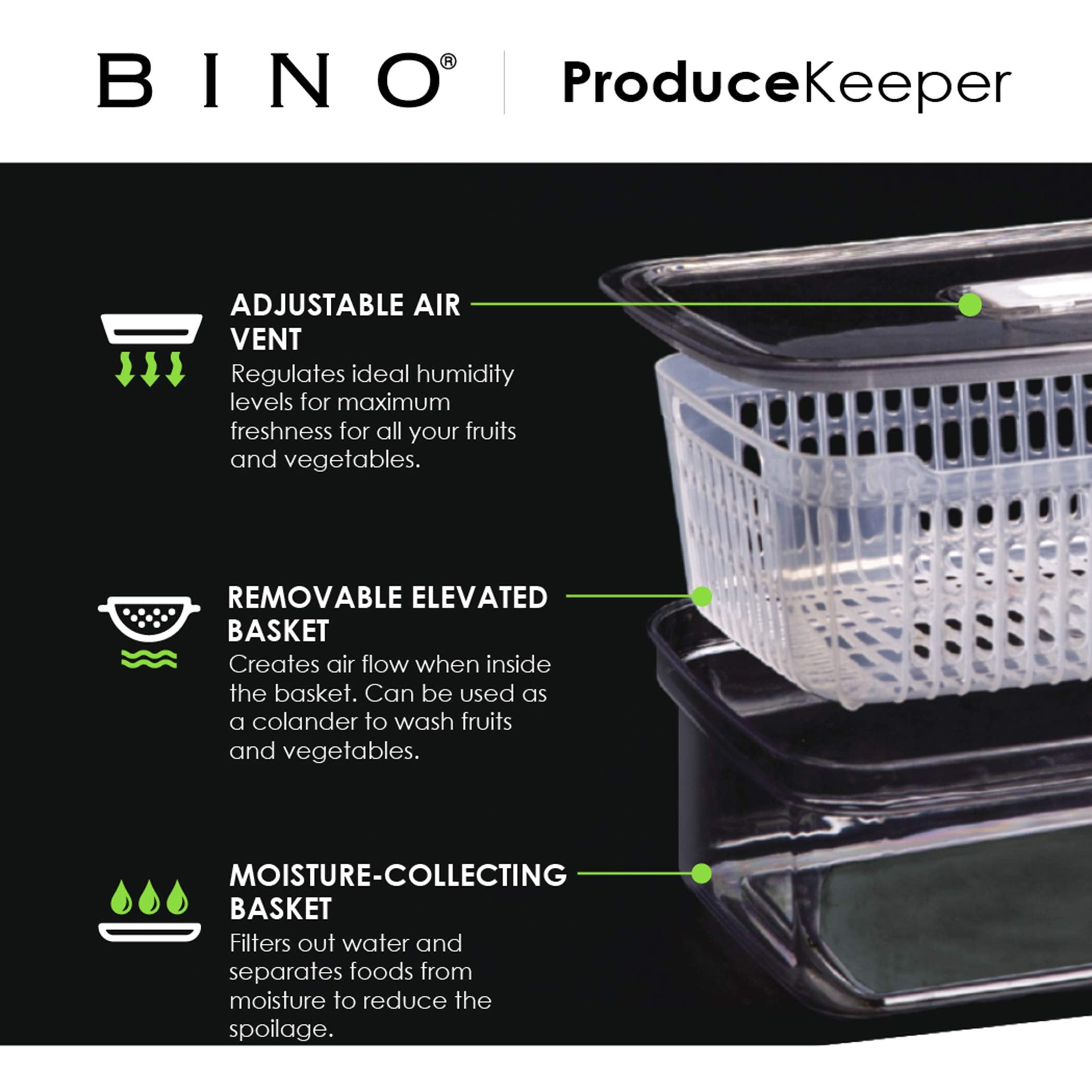 Bino | Produce Saver - 15.2 Cup/3.6L | Fridge Storage Containers For Fruits And Vegetables | Vegetable Storage With Adjustable A