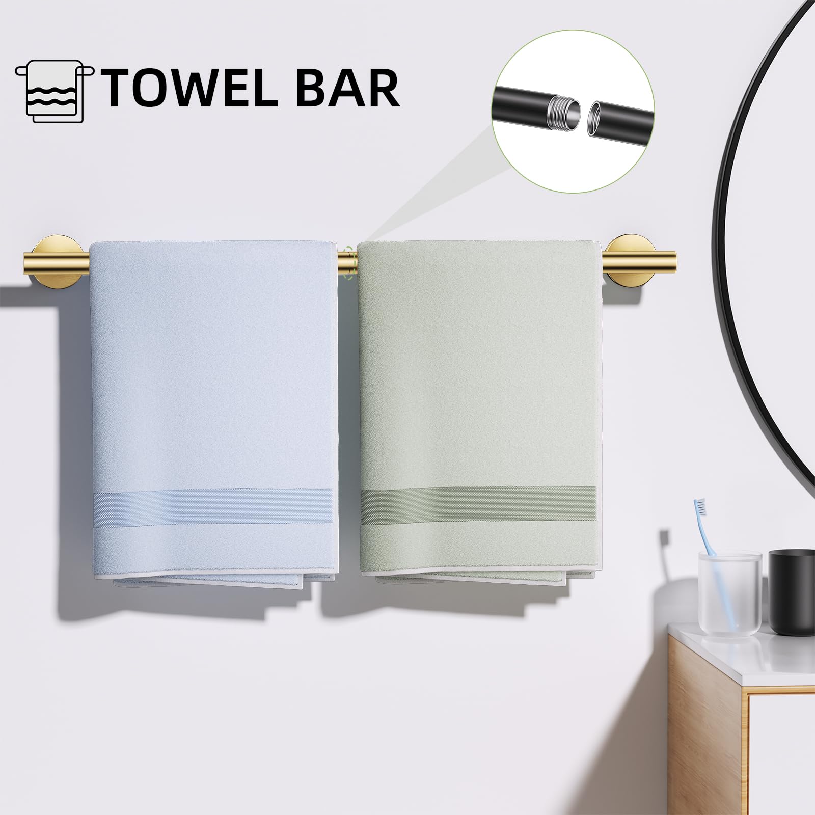 Turs Brushed Gold 5 Piece Bathroom Hardware Set, Sus304 Stainless Steel Bath Towel Bar Set, Bathroom Towel Rack Set Wall Mounted