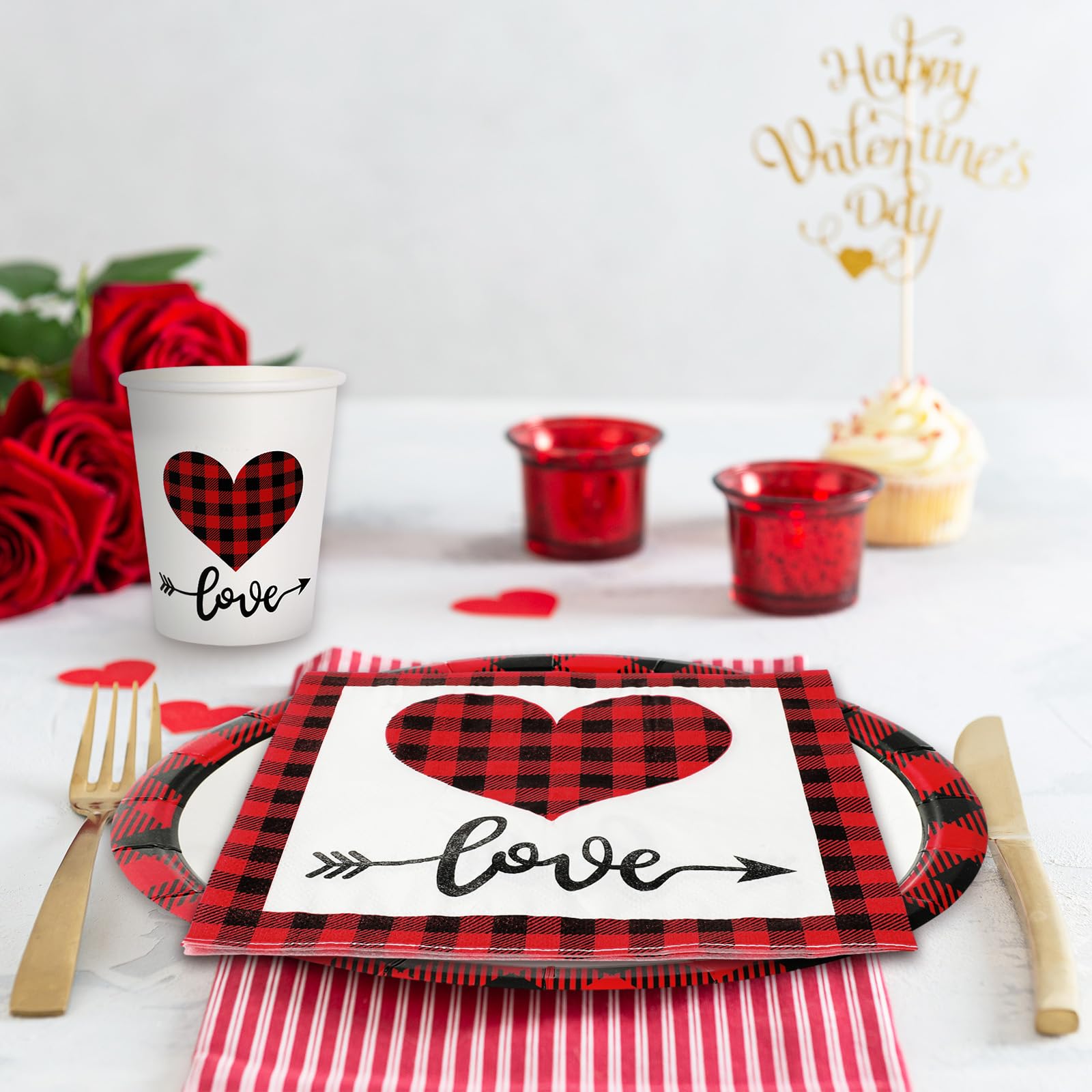 Whaline 100Pcs Valentine'S Day Tableware Set Buffalo Plaid Love Heart Disposable Dinnerware Set 50Pcs Paper Plates 25Pcs Napkin