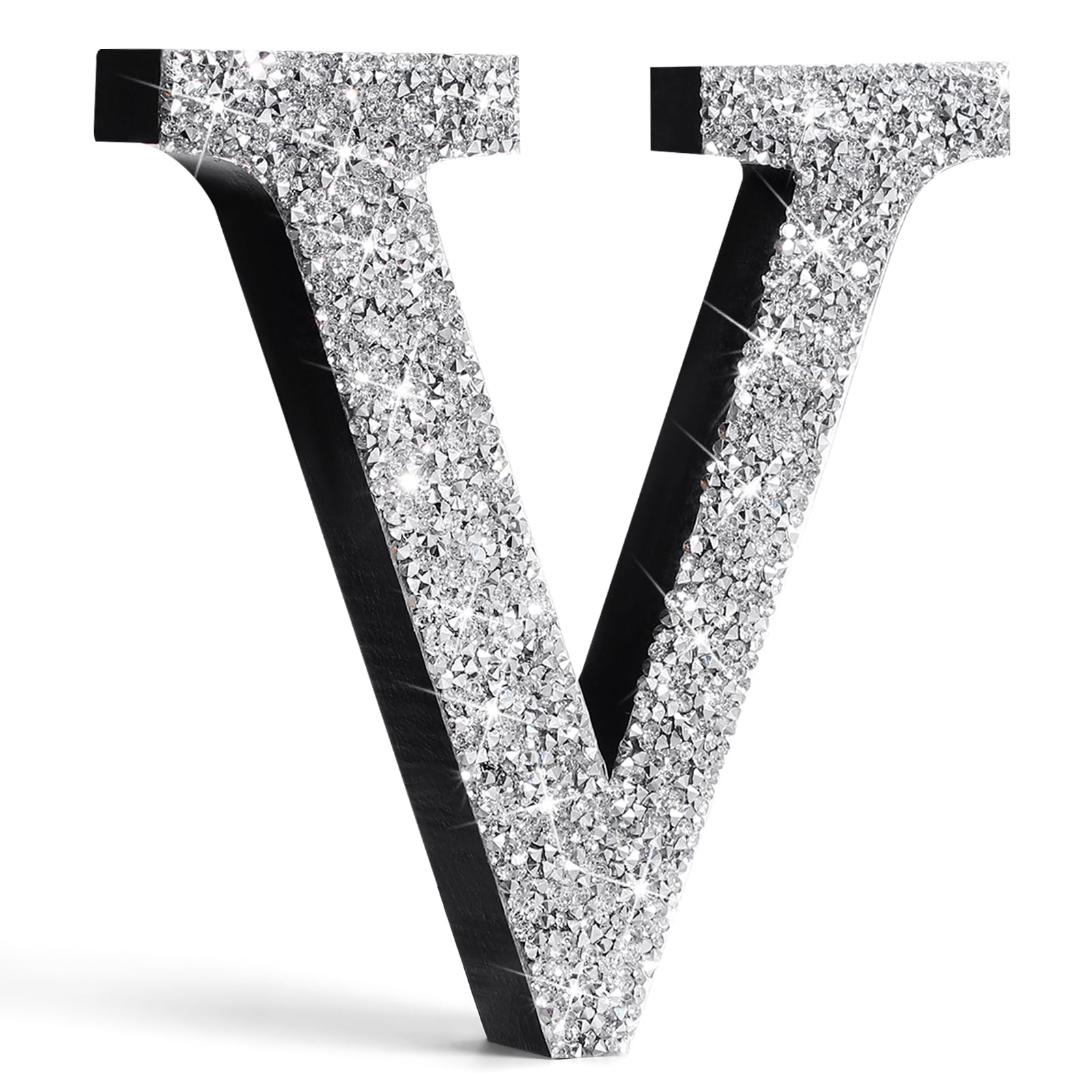 Qunclay Silver Crystal Diamond Bling Letters Crushed Diamond Decoration Wooden Glitter Letter with Screw and Hooks Rhinestone Gi