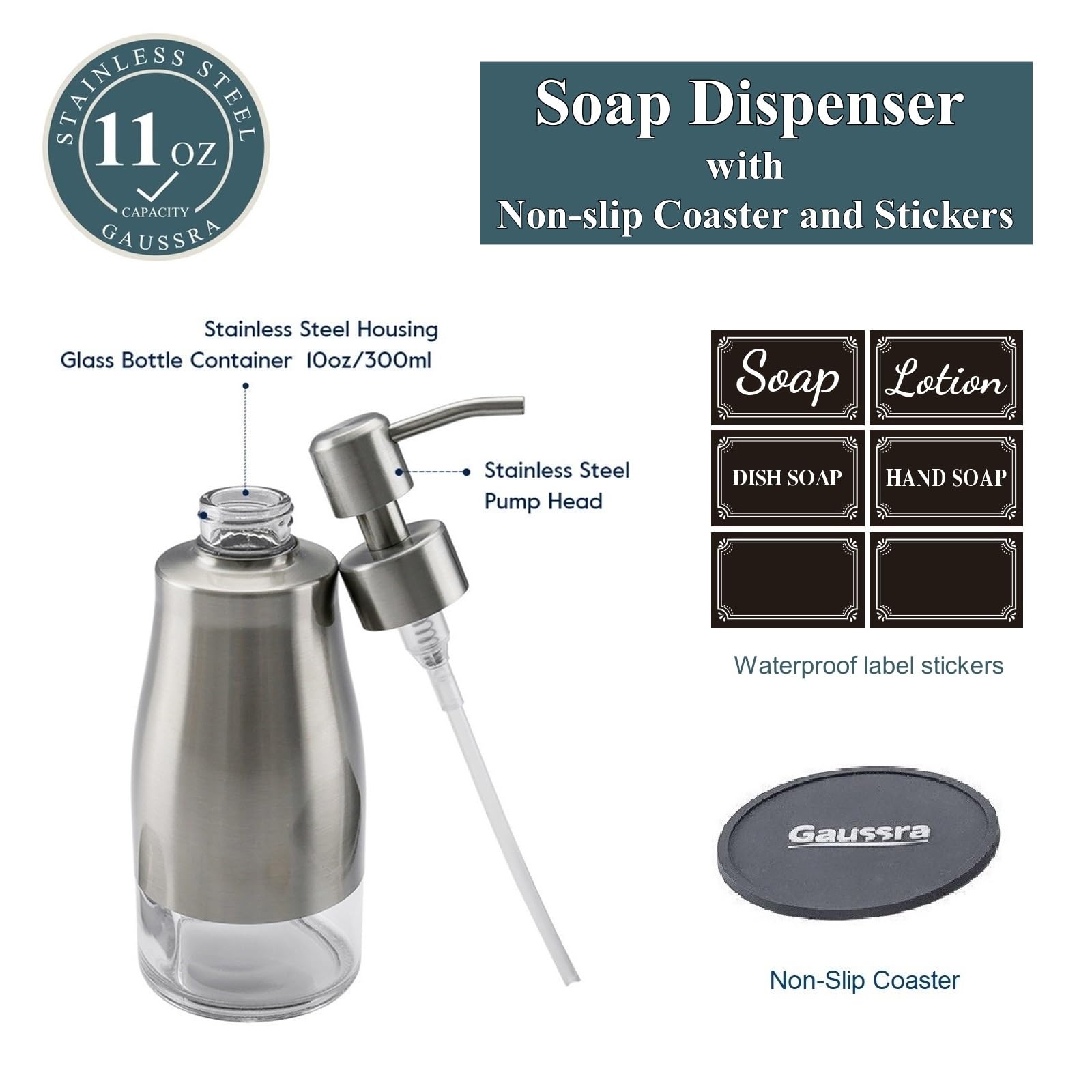 Gaussra Soap Dispenser With Coaster And Stickers, Brushed Nickel Stainless Steel Case Glass Liner Hand Pump Dispenser, Refillabl