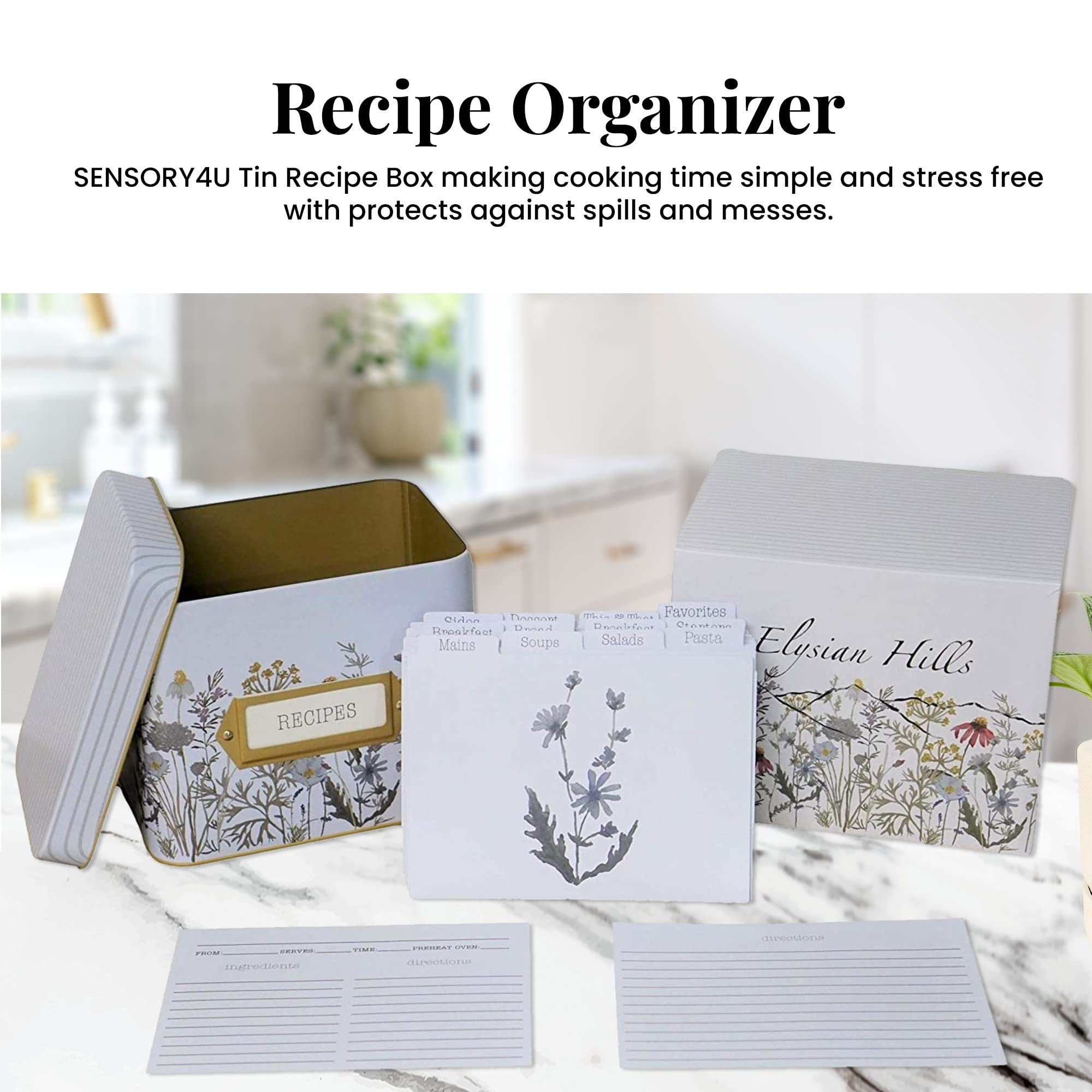 Sensory4U Tin Recipe Box Holder With Cards - Wildflower Print - Includes 100 4X6 Cards And 12 Dividers - Beautiful Decorative Ti