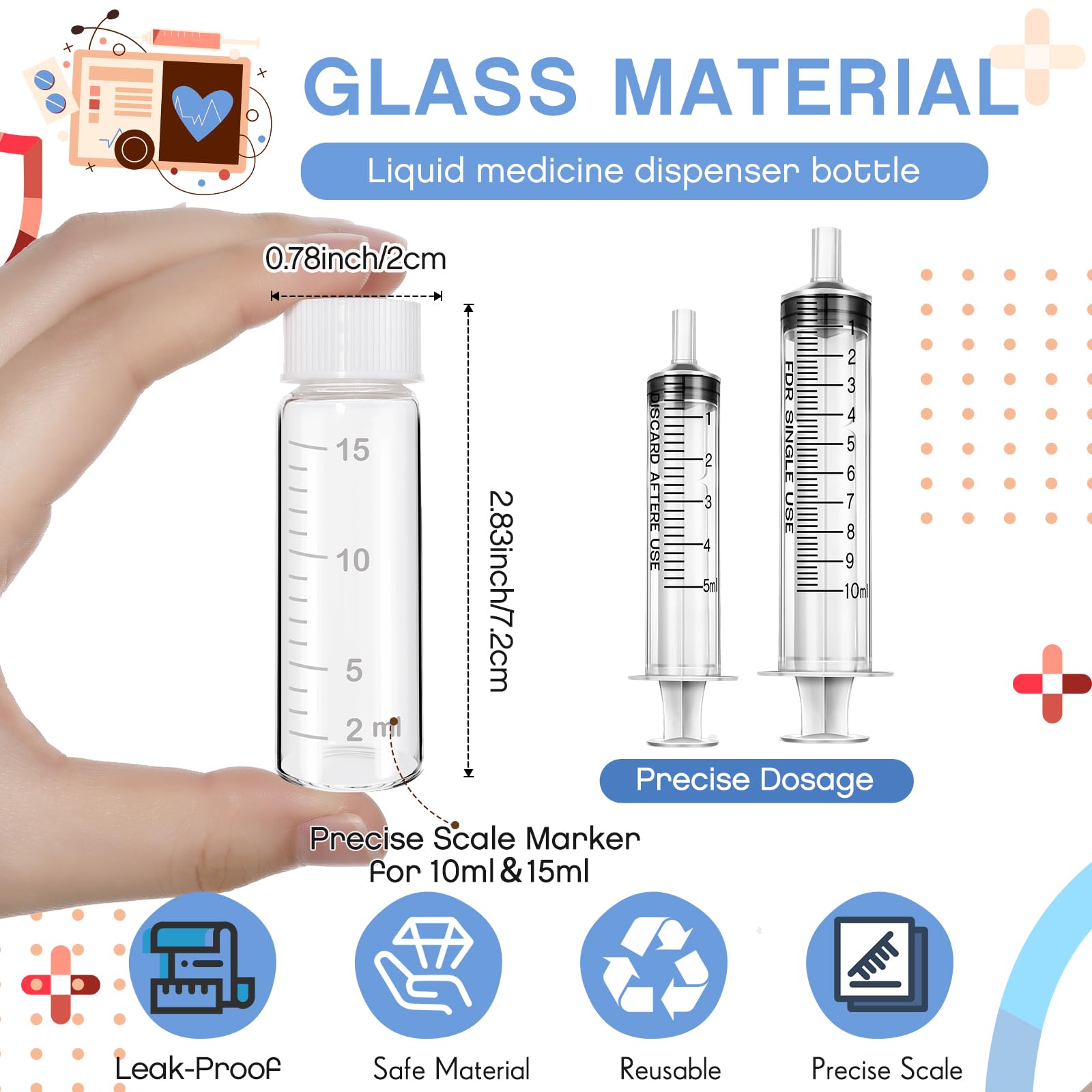 Baderke 6 Pcs Liquid Medicine Travel Container Scale Glass Bottles, Single Dose Medicine Bottles Dispenser With Leak-Proof Plug