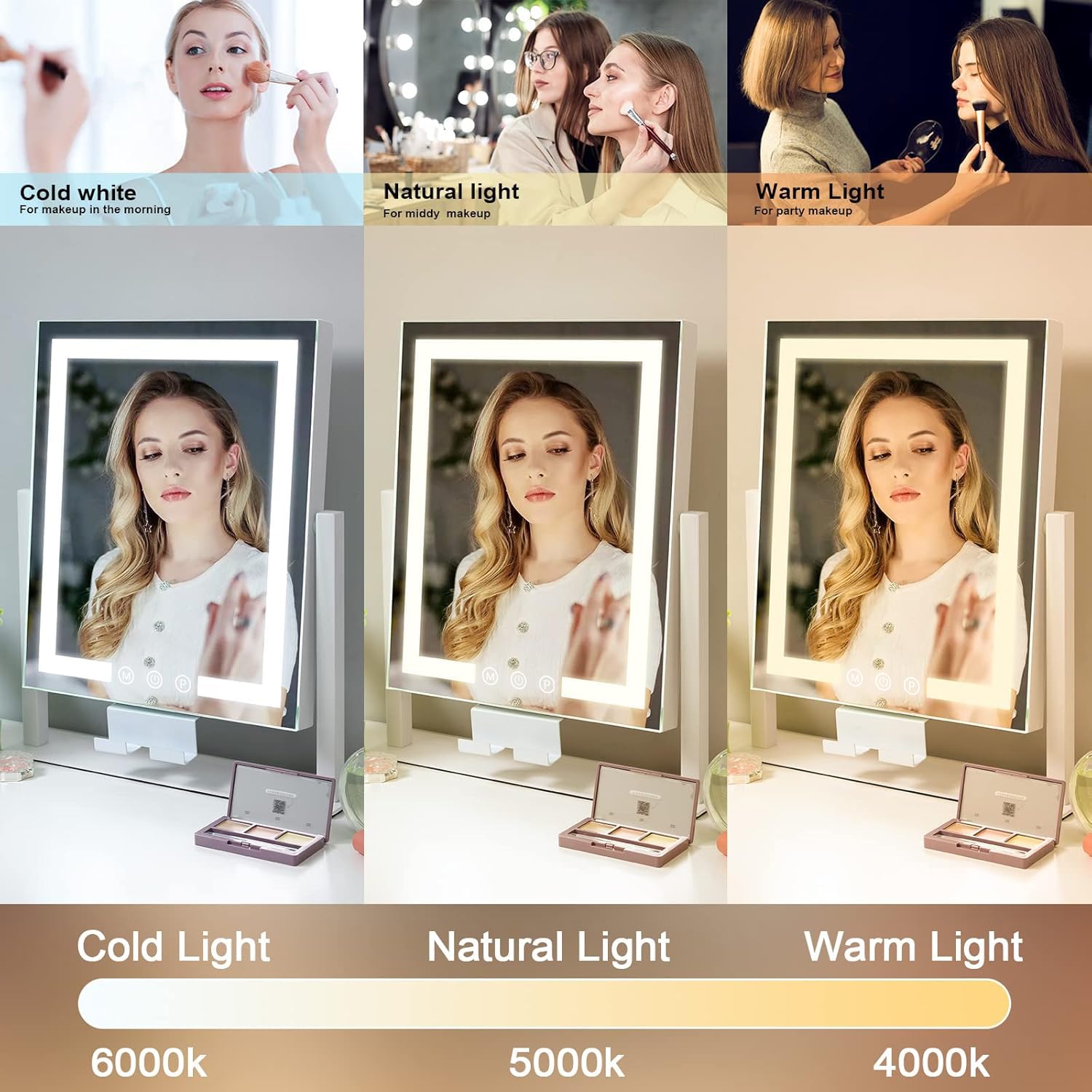 Kottova Makeup Mirror with Lights Vanity Mirror Lighted up Mirror with Phone Holder 3 Color Modes Touch Control  Detachable 10X Magnification Mirror  Metal Frame White
