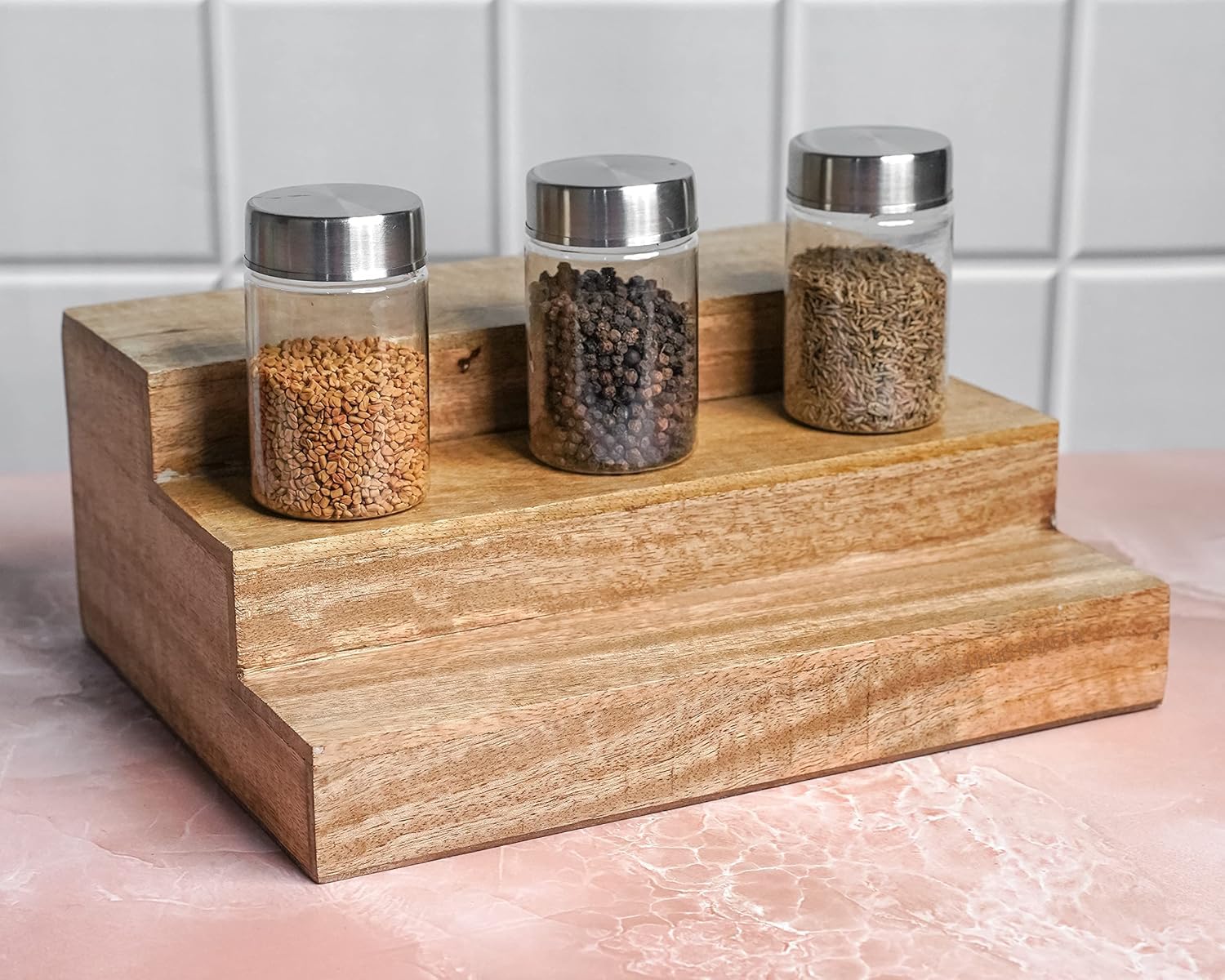 Uhud Crafts Wooden Kitchen Step Shelf Shelf Organizer, Multipurpose 3 Step Spice Rack Counter Top Organiser Stand For Cabinet/Cu