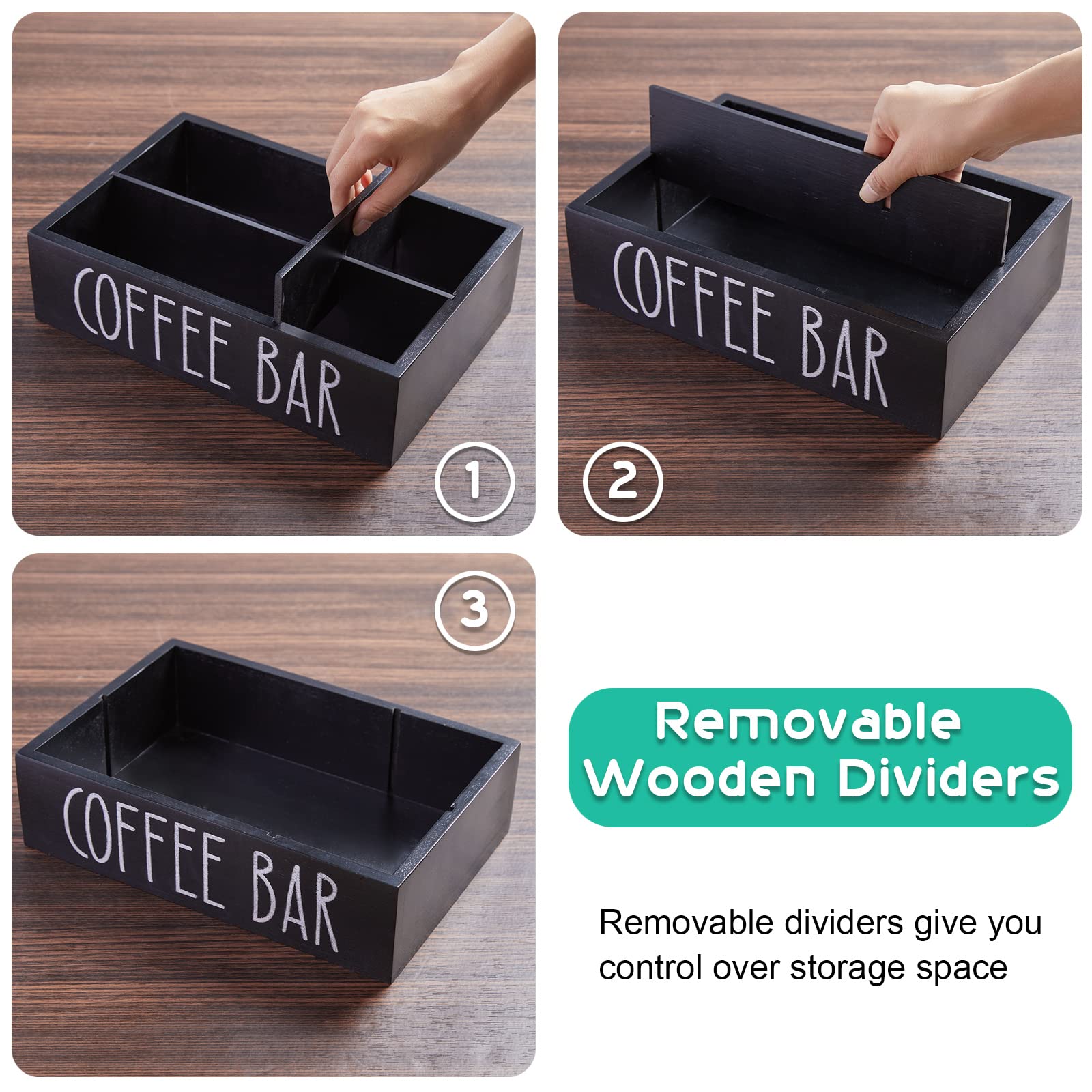 Alelion Coffee Station Organizer With Removable Dividers - Wood Bar Accessories Organizer For Countertop - Pod Holder Basket For