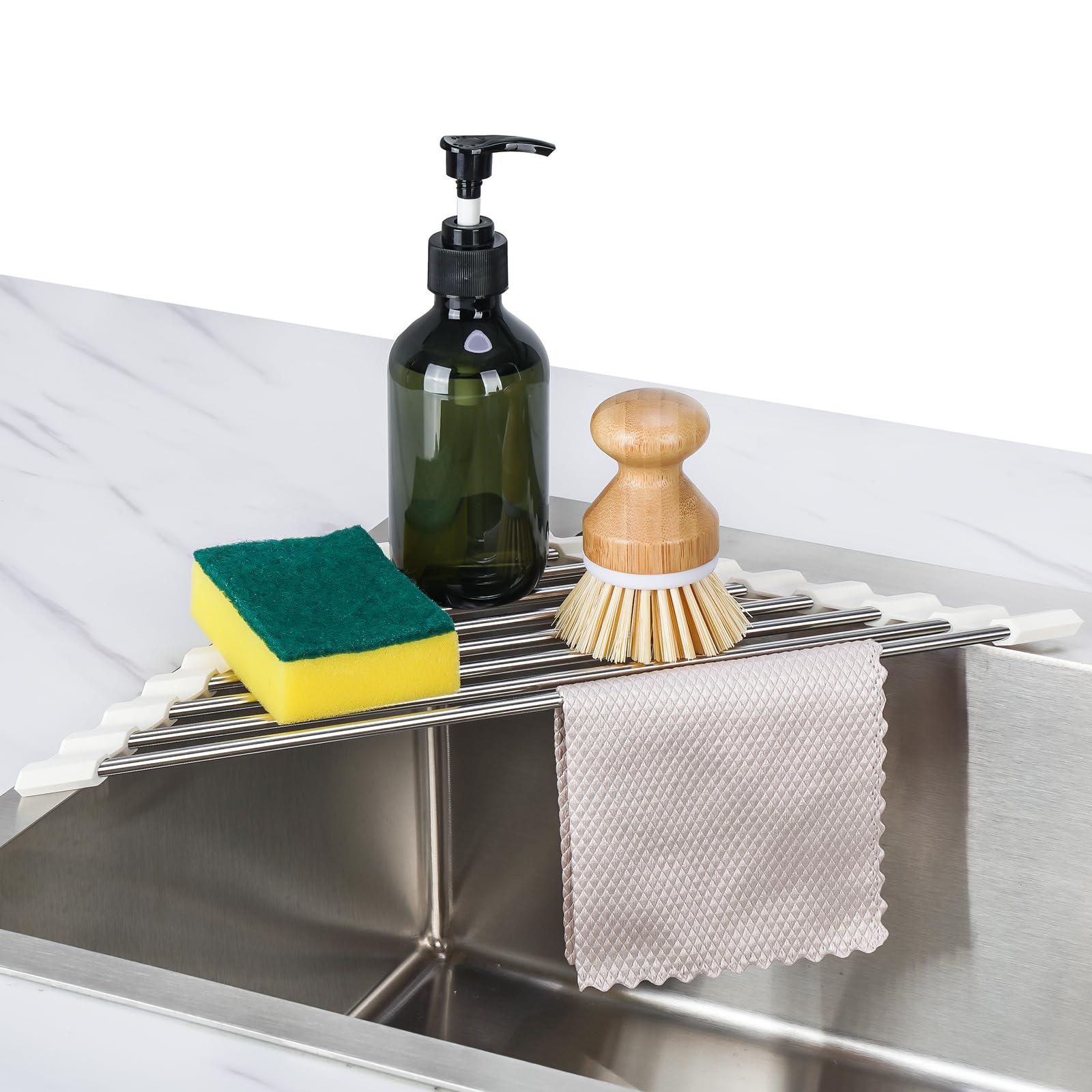 Tomorotec Triangle Roll-Up Dish Drying Rack Sink Corner Small Foldable Stainless Steel Over The Sink Multipurpose Kitchen Draine