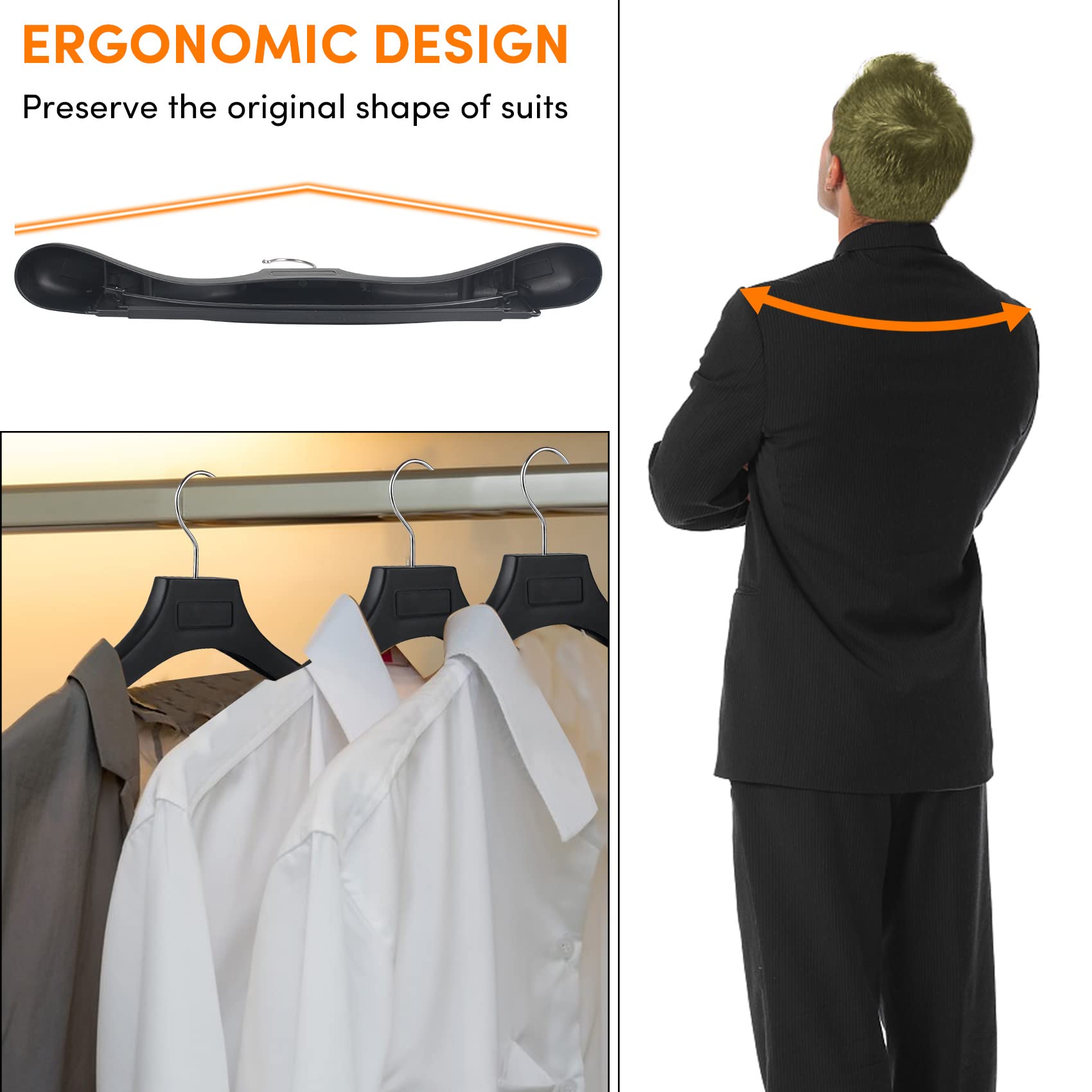 DEDU Plastic Extra Wide Shoulder Suit Hangers for Men 40 Pack Width 17.3''  Black Sweater Hangers no Shoulder Bump Non Slip for Thick Sweaters  Clothes Hangers with Pants Bar 360? Swivel Metal Hook