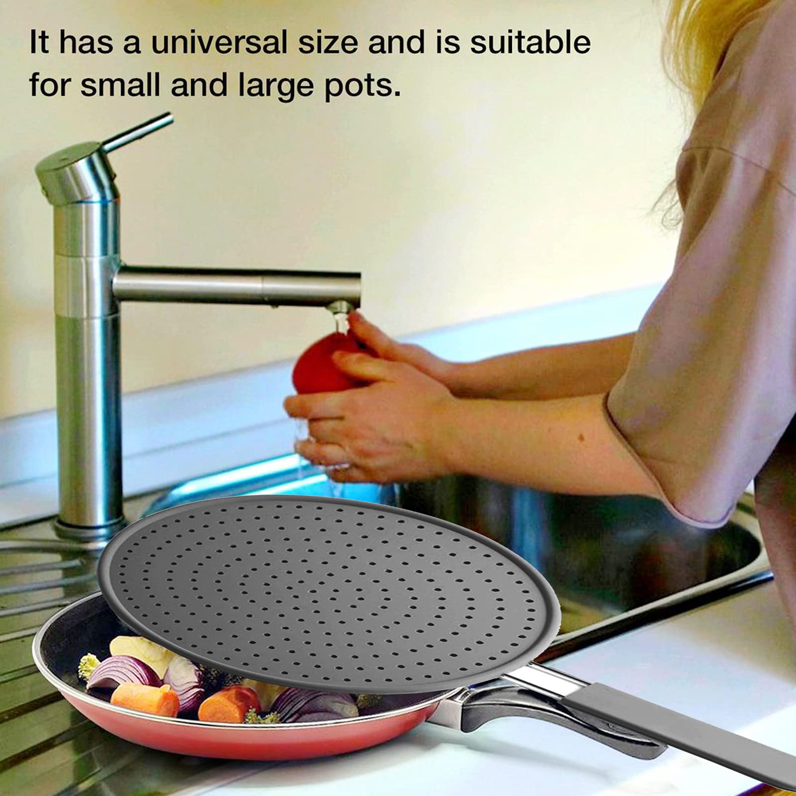 Baiouda Silicone Splatter Screen Pan Cover 11 In , High Heat Resistant Oil Splash Guard, Heat Insulation Cooling Mat, Strainer,