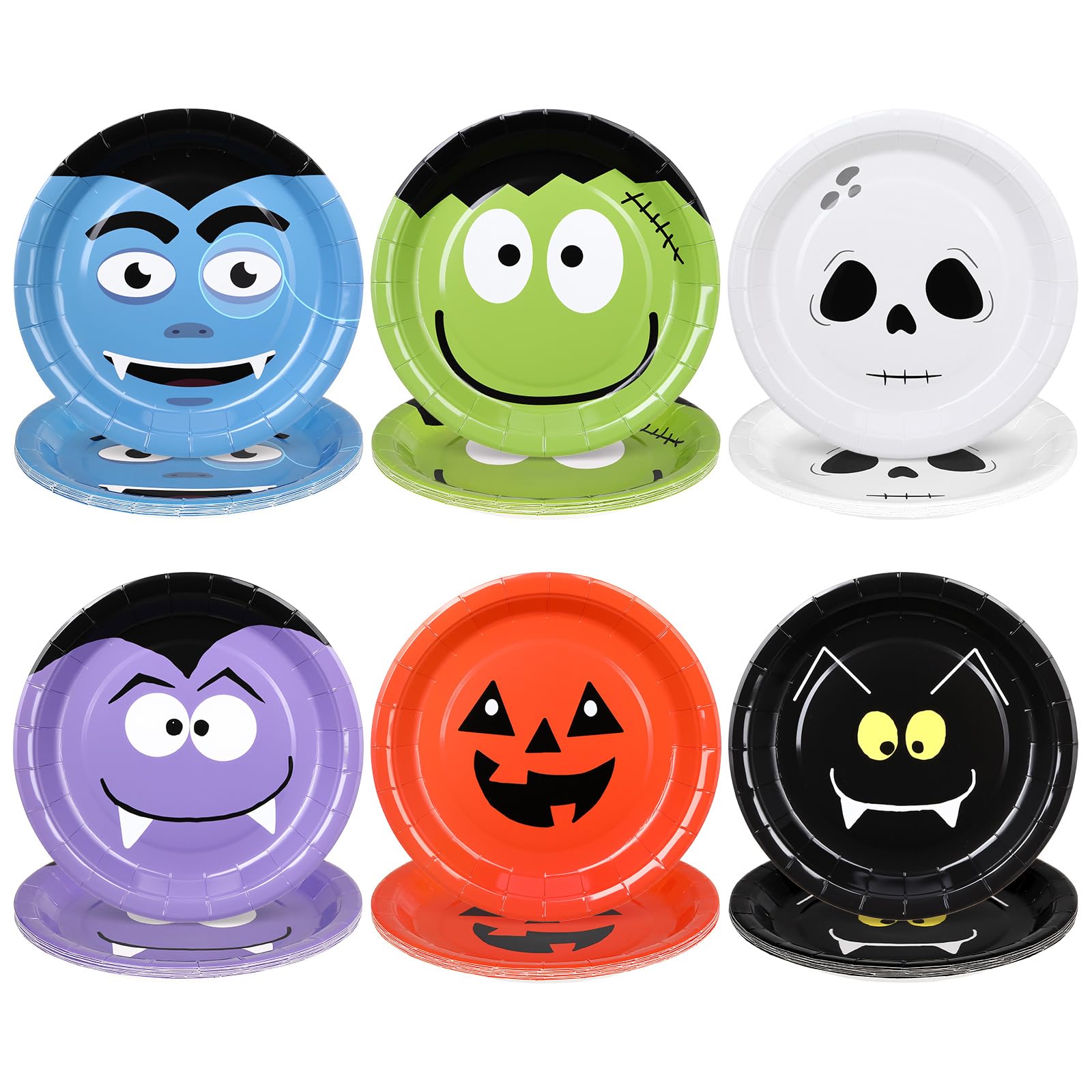 Roshtia 24 Pcs 9 Inch Halloween Paper Plates Disposable Party Plates 6 Design Pumpkin Bats Ghosts and Monsters Round Tableware f