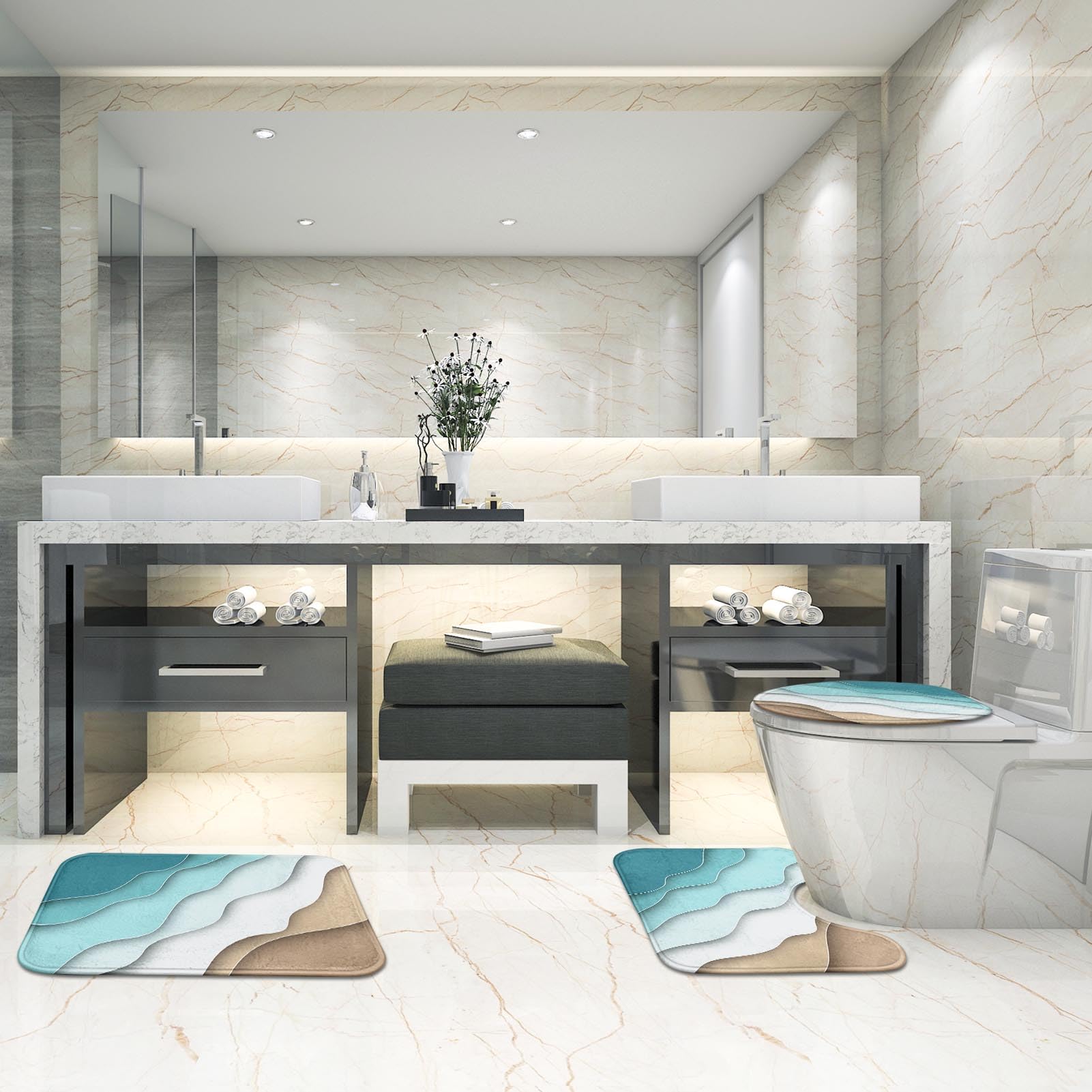 Britimes Bathroom Rug Set Of 3, 3 Pieces Bath Mats Set For Bathroom, Abstract Blue Beach No Silp Washable Cover Floor Rug Decora