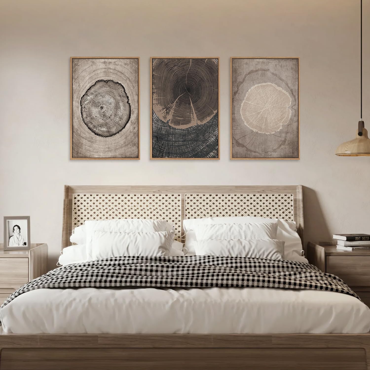 Chditb Beige Tree Ring Framed Canvas Wall Art Set, Modern Wood Stump Wall Decor, Abstract Black And White Wall Painting, Neutral