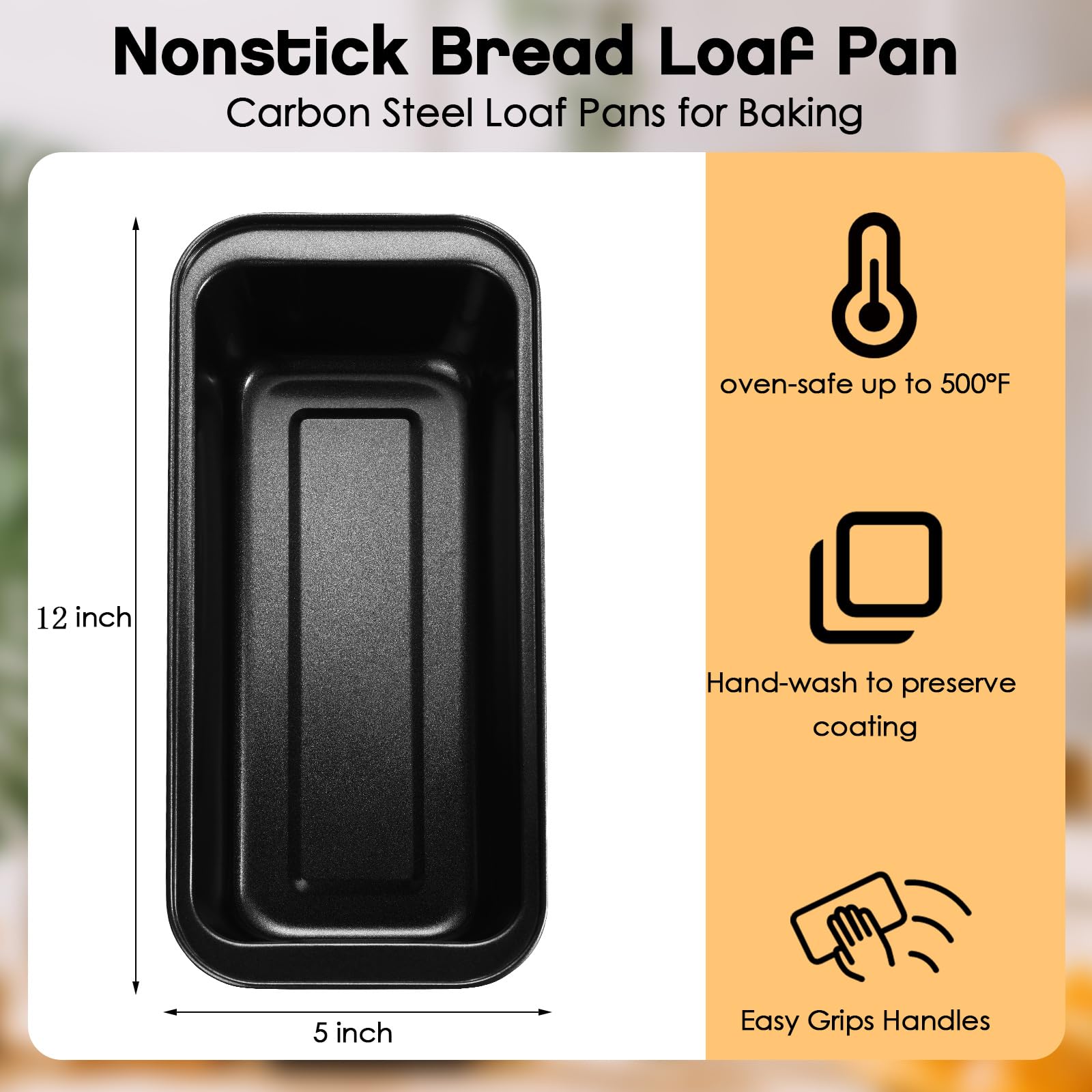 Sliner 6 Pcs Loaf Pan,12 X 5 Inch Long Loaf Pan Nonstick Baking Bread Pan Stainless Steel Rectangle Cake Pan Black Bread Tin Bak