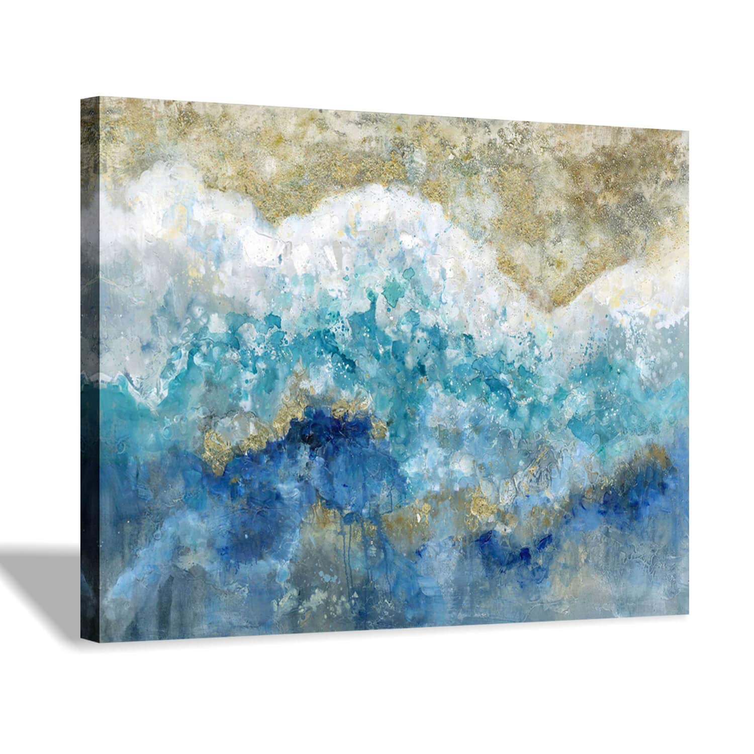 Abstract Picture Canvas Wall Art: Blue & Gold Artwork Painting Print On Canvas Small Size For Walls (16'' X 12'' X 1 Panel)