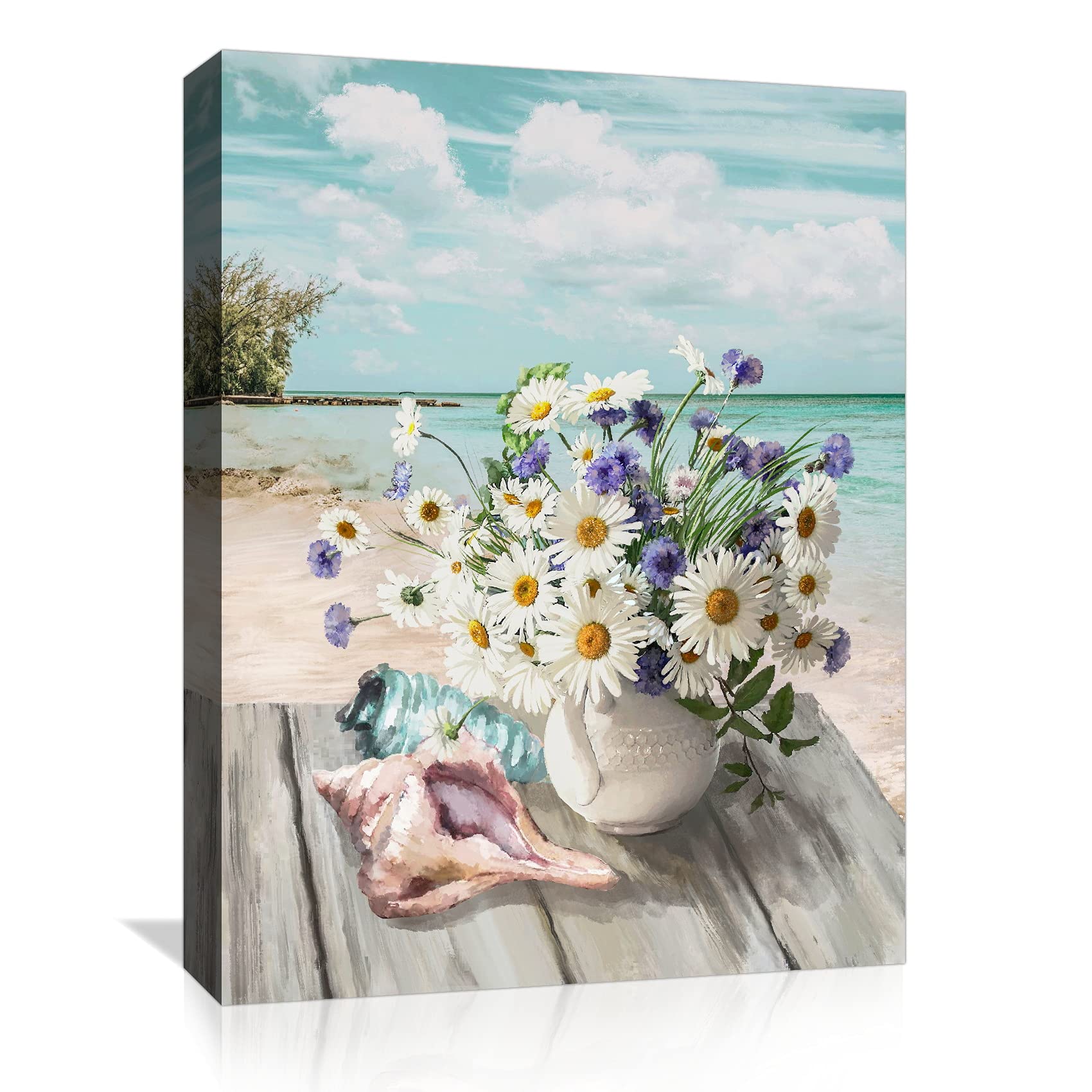 Hgtusjhc Bathroom Canvas Wall Art Flowers Theme Beach Modern Wall Decor Daisy Painting Pictures Framed Artwork For Bedroom Water